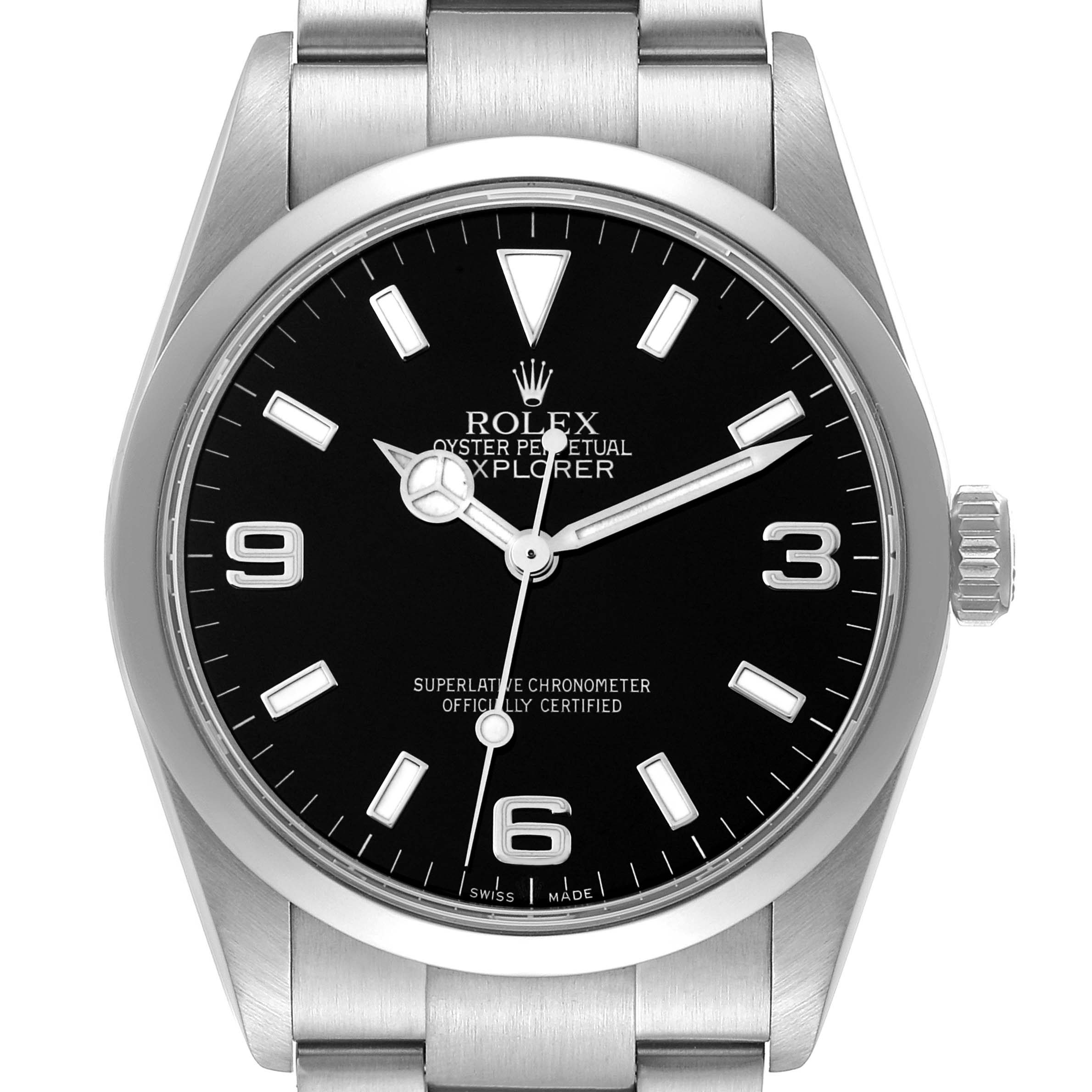 This image shows a front view of the Rolex Explorer 114270 Men
s Stainless Steel Black Dial 114270 Men
s Stainless Steel Black Dial watch, displaying its black dial, numerals, and part of the stainless steel bracelet.