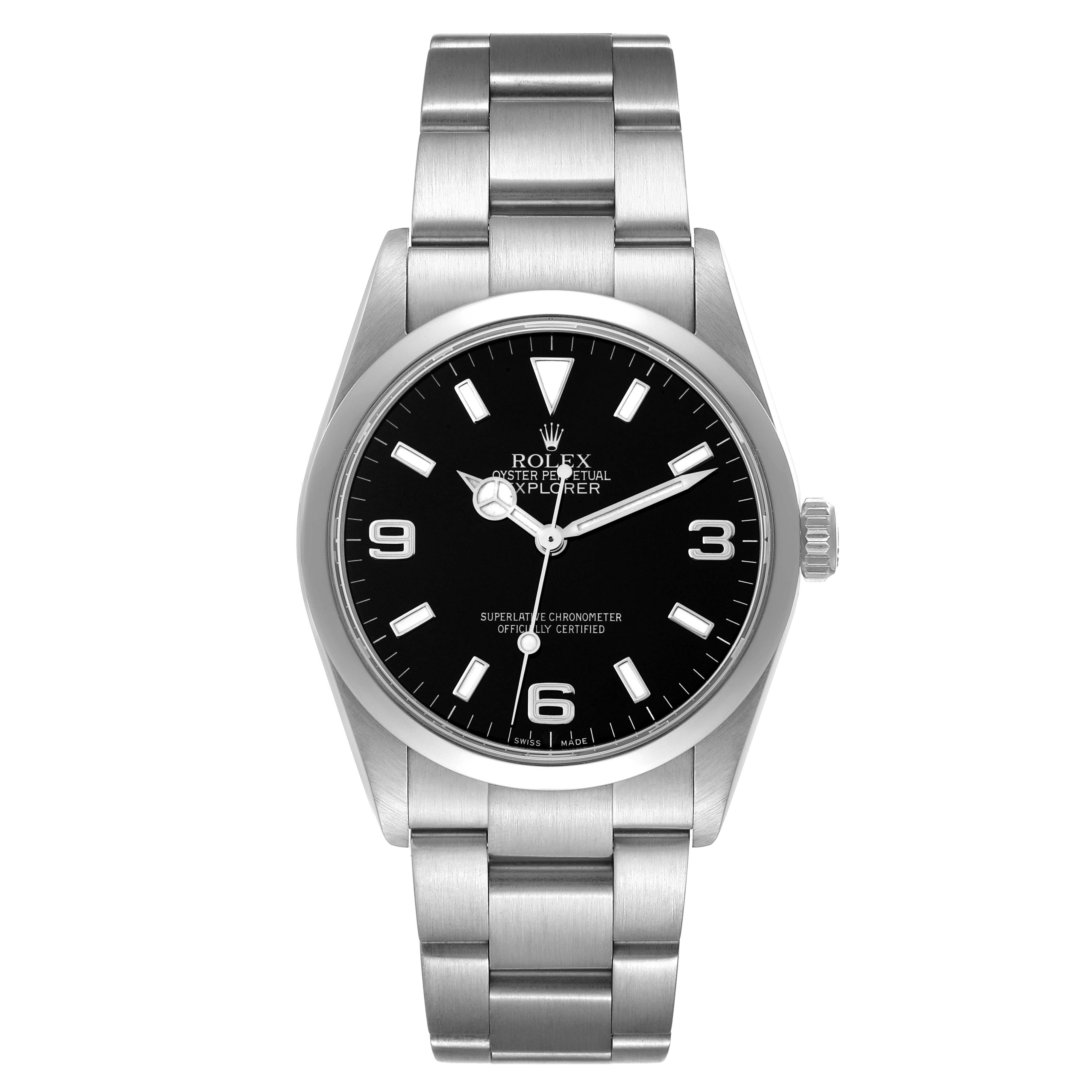 The image shows a front view of the Rolex Explorer 114270 Men
s Stainless Steel Black Dial 114270 Men
s Stainless Steel Black Dial watch, including the dial, bezel, case, and bracelet.