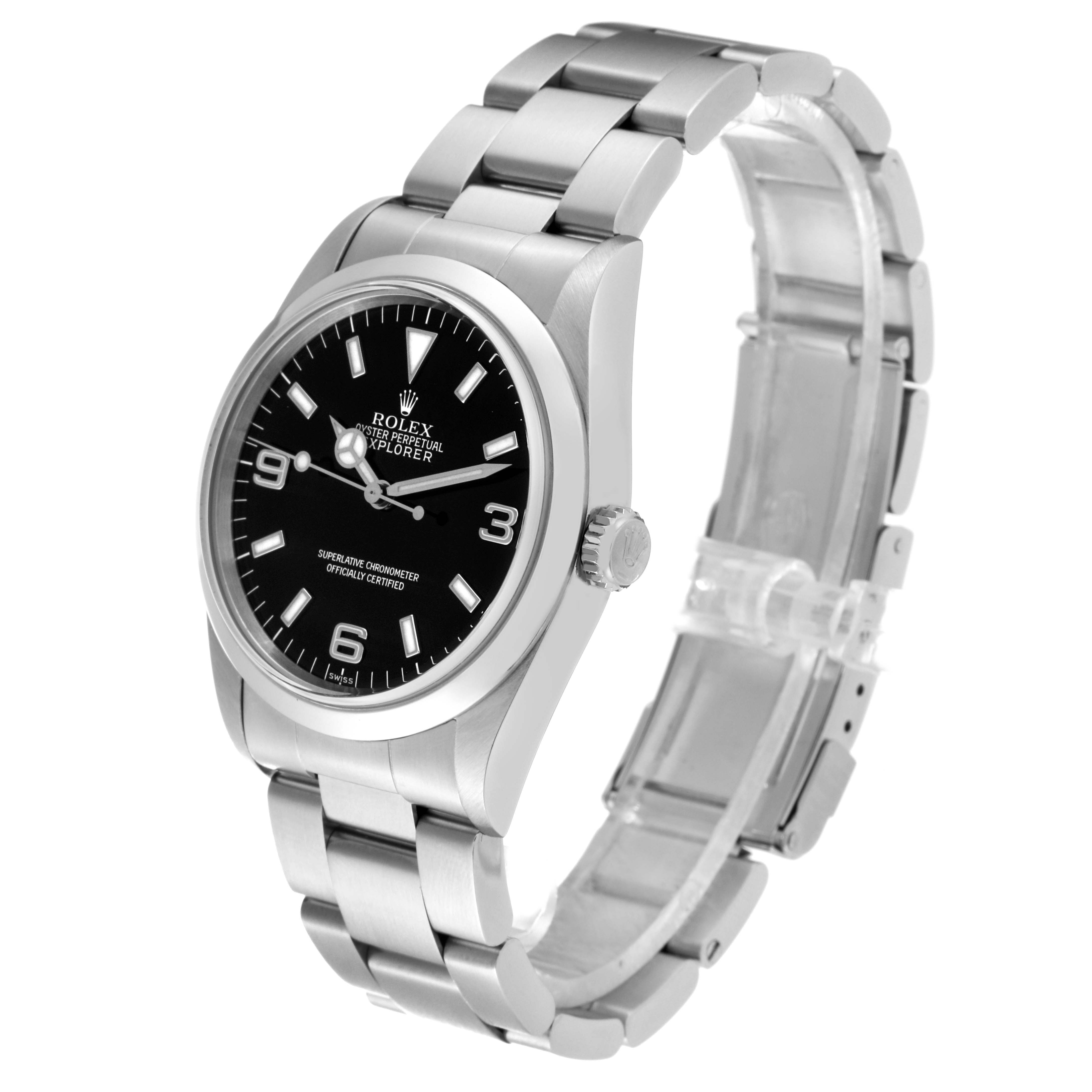 The image shows a side-angle view of a Rolex Explorer 14270 Men's Stainless Steel Black Dial 14270 Men's Stainless Steel Black Dial watch, highlighting the black dial, stainless steel case, and bracelet.