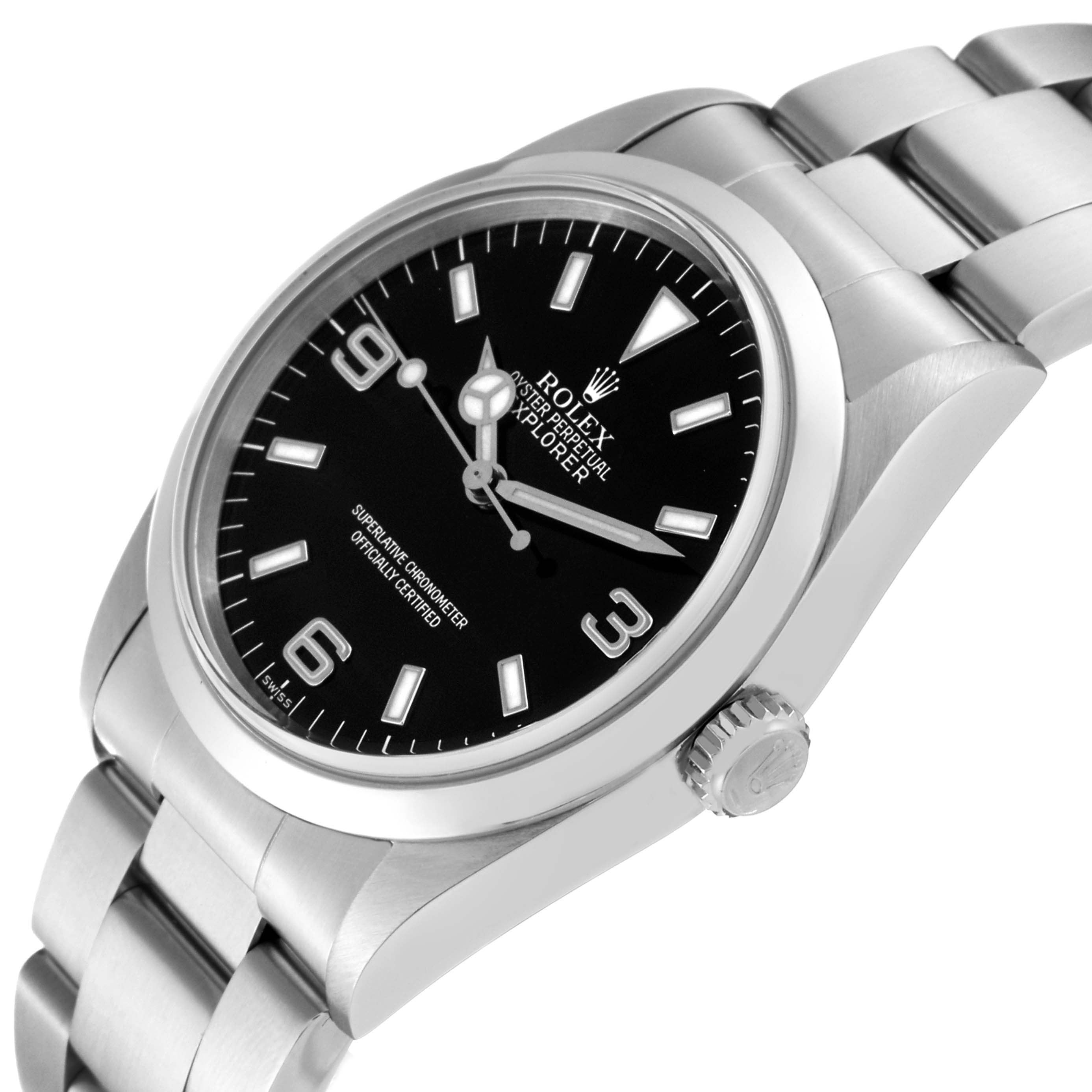 This image shows the Rolex Explorer 14270 Men's Stainless Steel Black Dial 14270 Men's Stainless Steel Black Dial watch at an angled side view, highlighting the dial, crown, and bracelet.