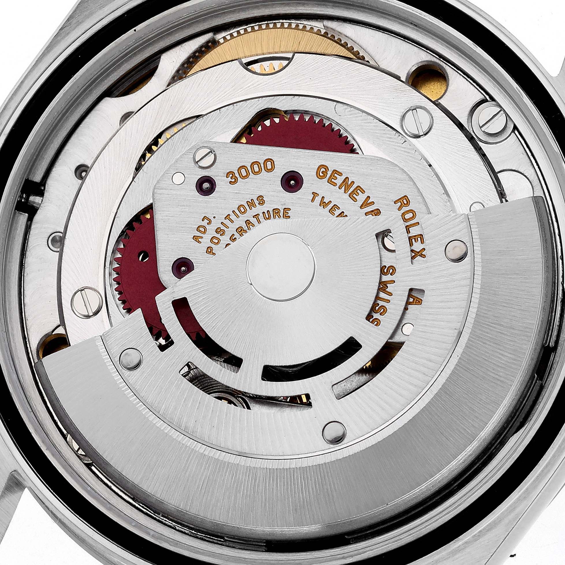 This close-up image shows the internal mechanical movement of a Rolex Explorer 14270 Men's Stainless Steel Black Dial 14270 Men's Stainless Steel Black Dial watch.