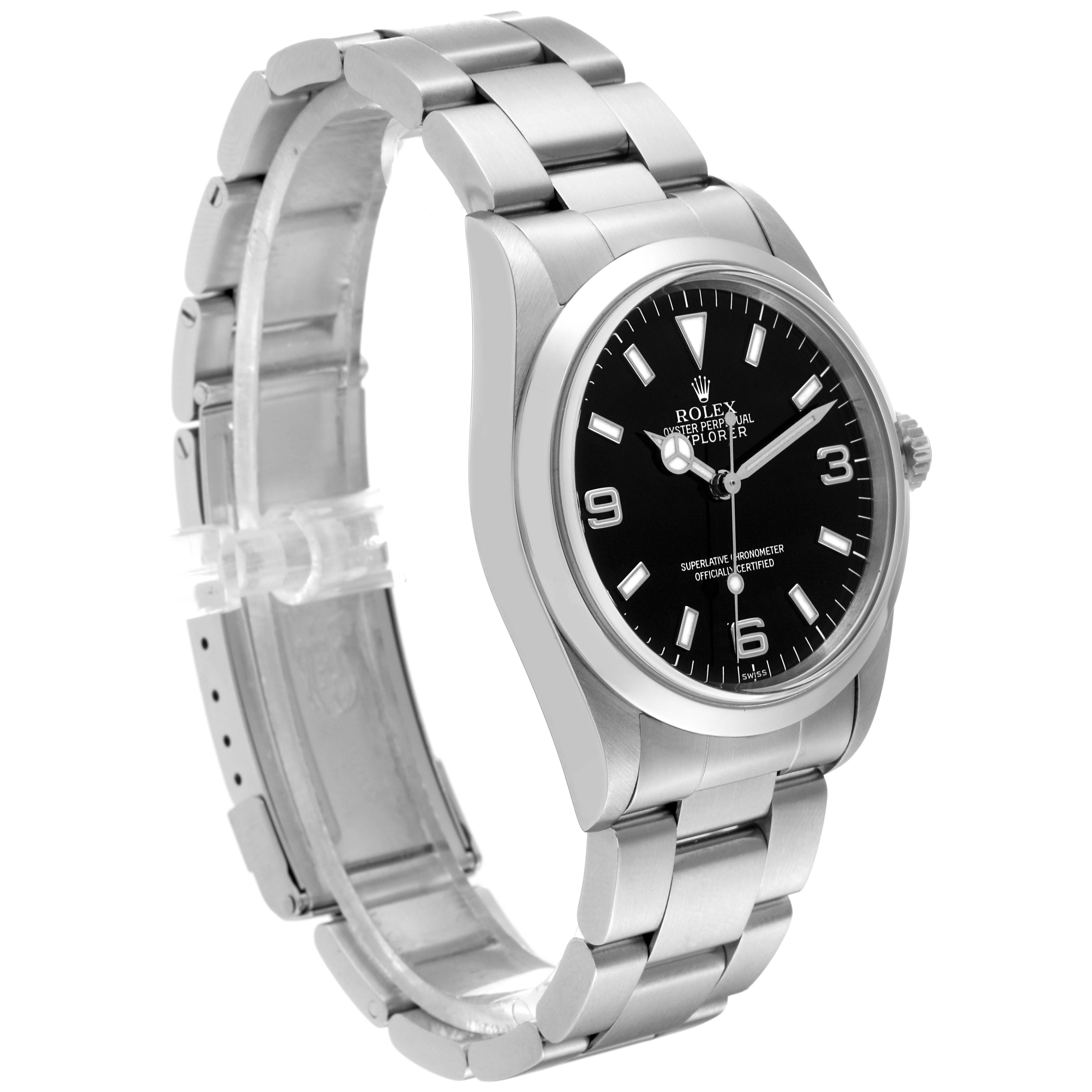 The image shows the Rolex Explorer 14270 Men's Stainless Steel Black Dial 14270 Men's Stainless Steel Black Dial watch at an angled side view, highlighting its black dial, bezel, and stainless steel bracelet.