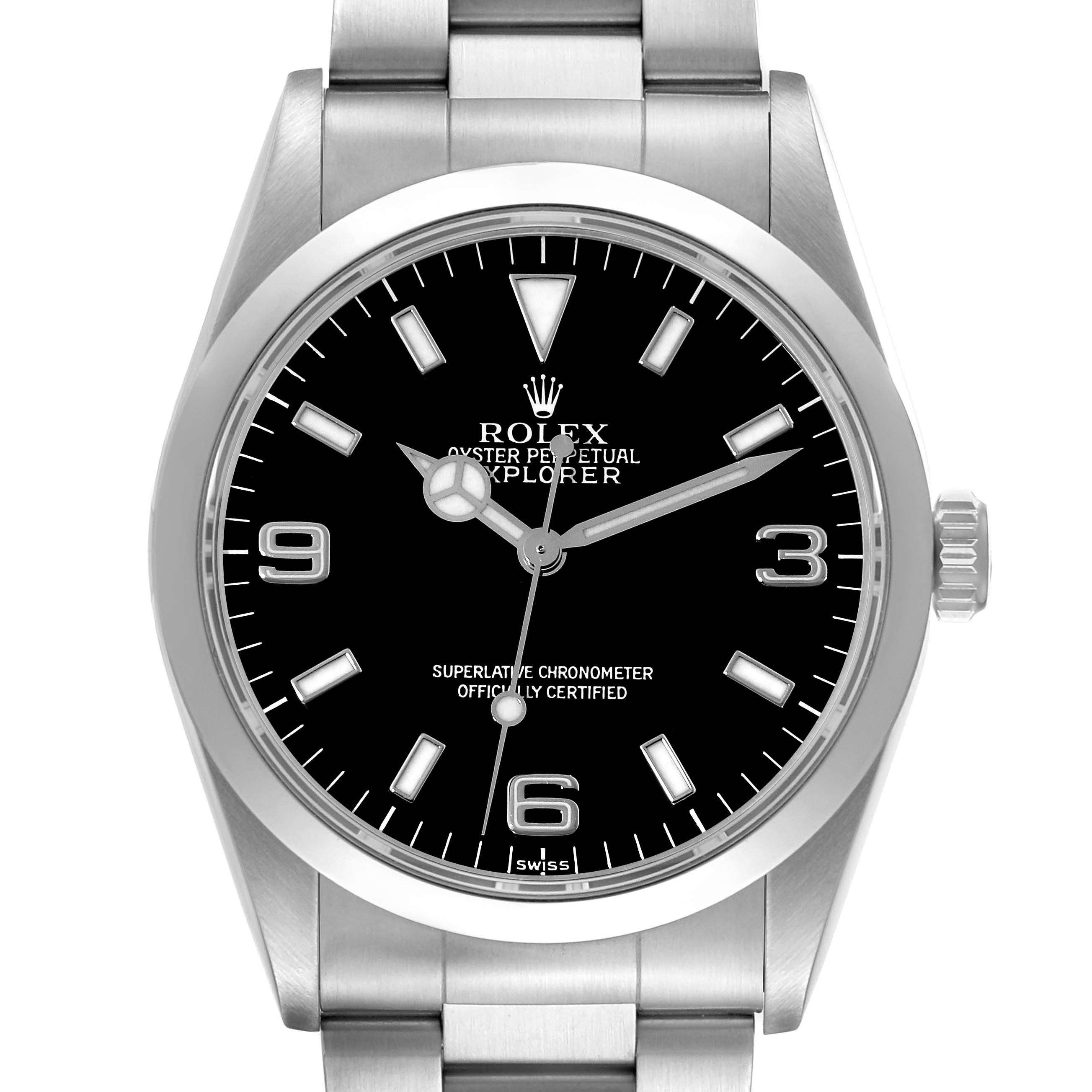 This image shows a front view of the Rolex Explorer 14270 Men's Stainless Steel Black Dial 14270 Men's Stainless Steel Black Dial watch, highlighting its black dial, stainless steel case, and bracelet.
