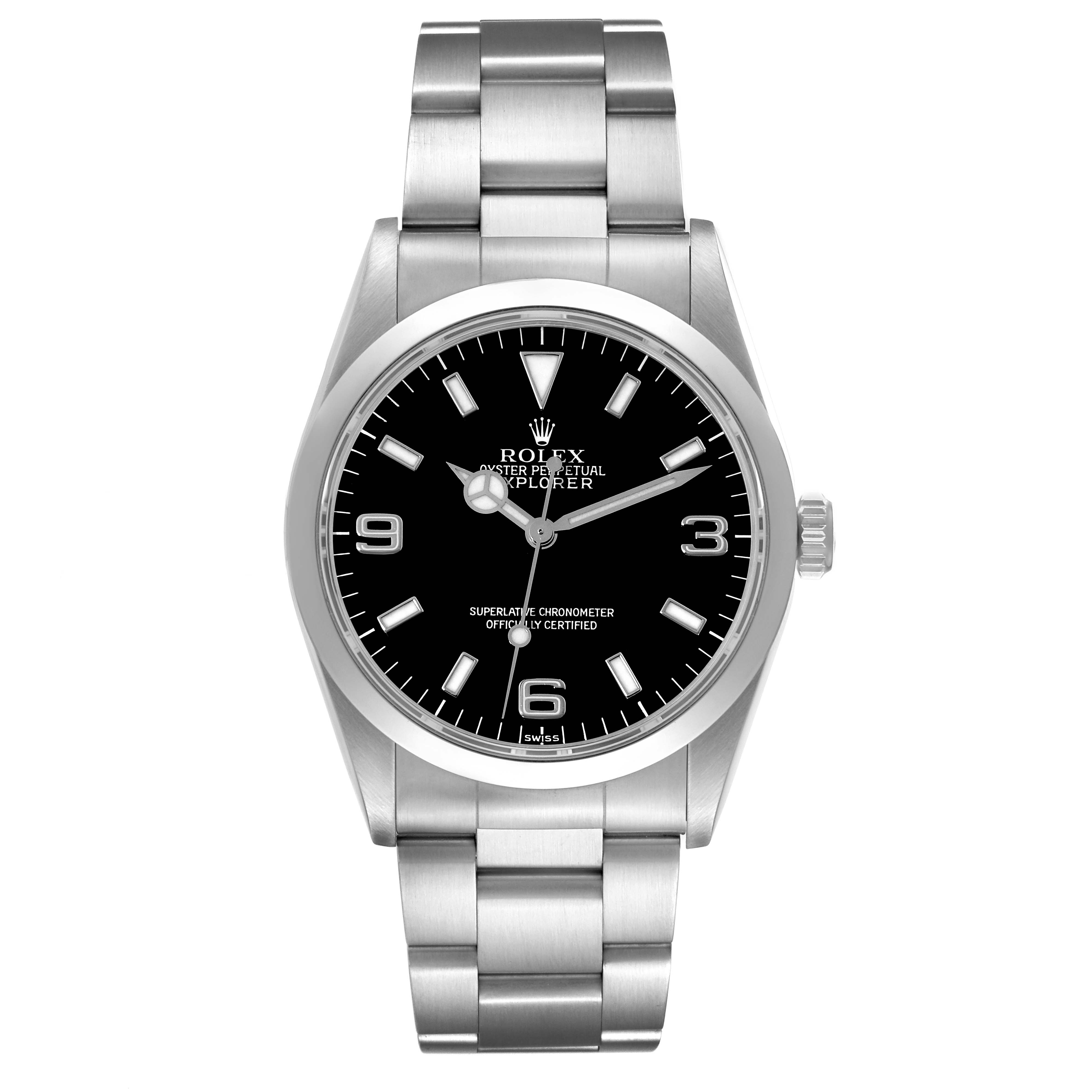 This image shows a front view of a Rolex Explorer 14270 Men's Stainless Steel Black Dial 14270 Men's Stainless Steel Black Dial model watch, displaying its face, bezel, and bracelet.