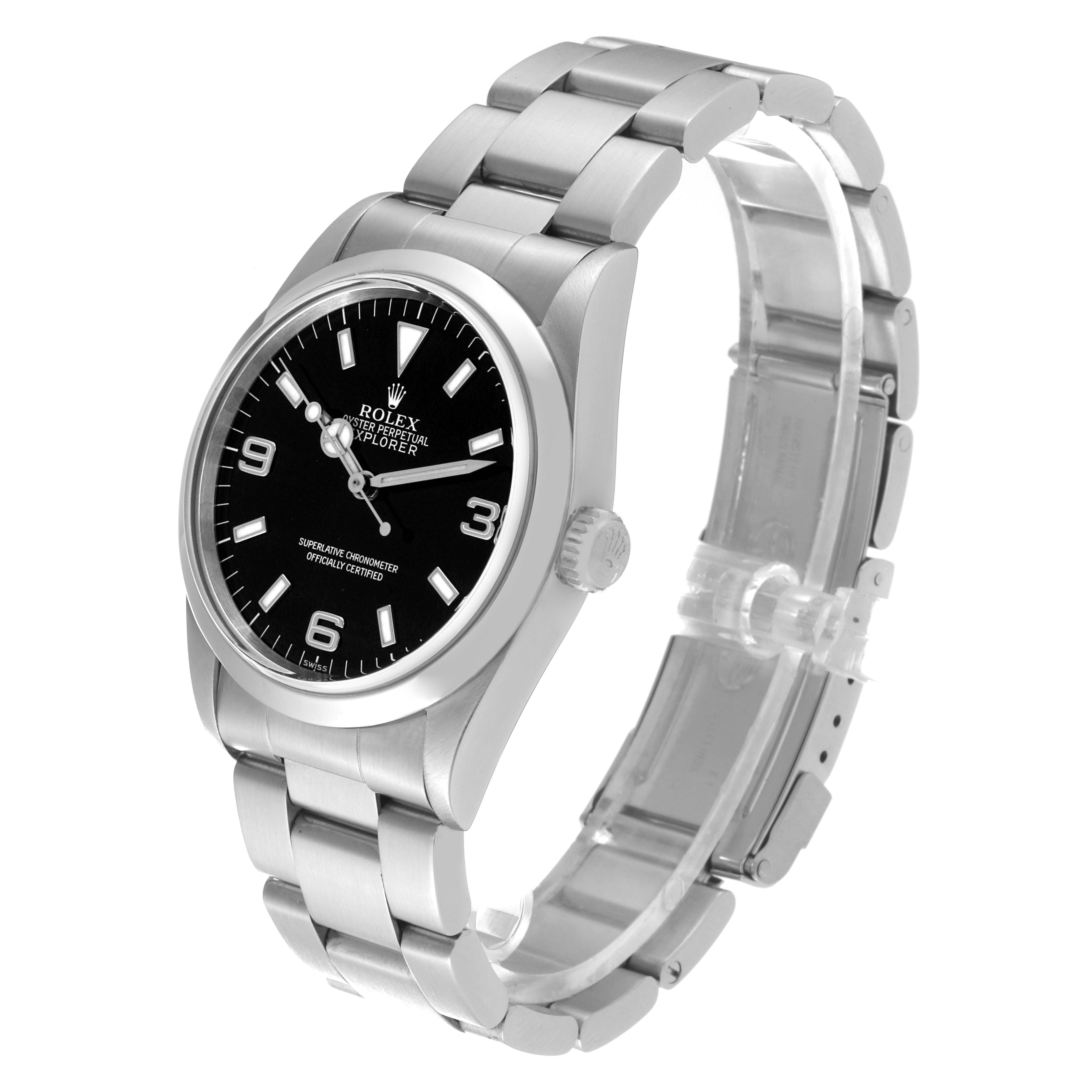 The Rolex Explorer 14270 Men
s Stainless Steel Black Dial 14270 Men
s Stainless Steel Black Dial watch is shown at an angled view, displaying the face, bezel, bracelet, and clasp.