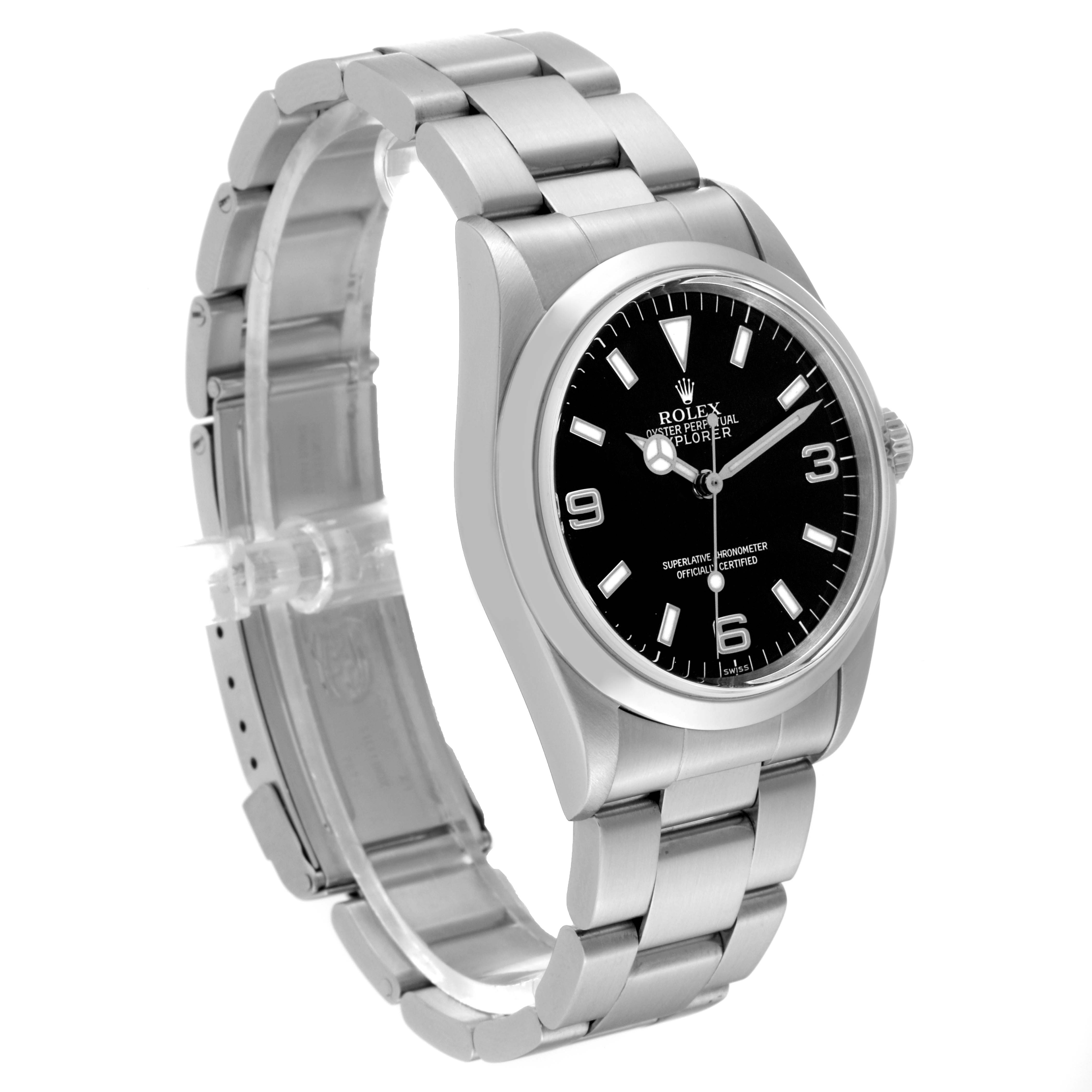The image shows a side view of a Rolex Explorer 14270 Men
s Stainless Steel Black Dial 14270 Men
s Stainless Steel Black Dial watch, highlighting its black dial, stainless steel case, and bracelet.
