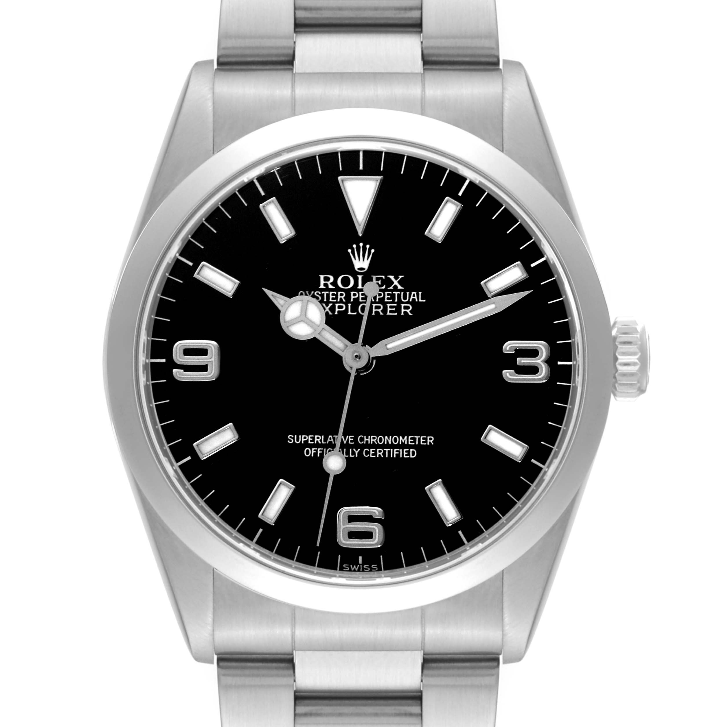 This is a close-up view of the Rolex Explorer 14270 Men
s Stainless Steel Black Dial 14270 Men
s Stainless Steel Black Dial watch, showing the dial, hour markers, hands, and part of the bracelet.