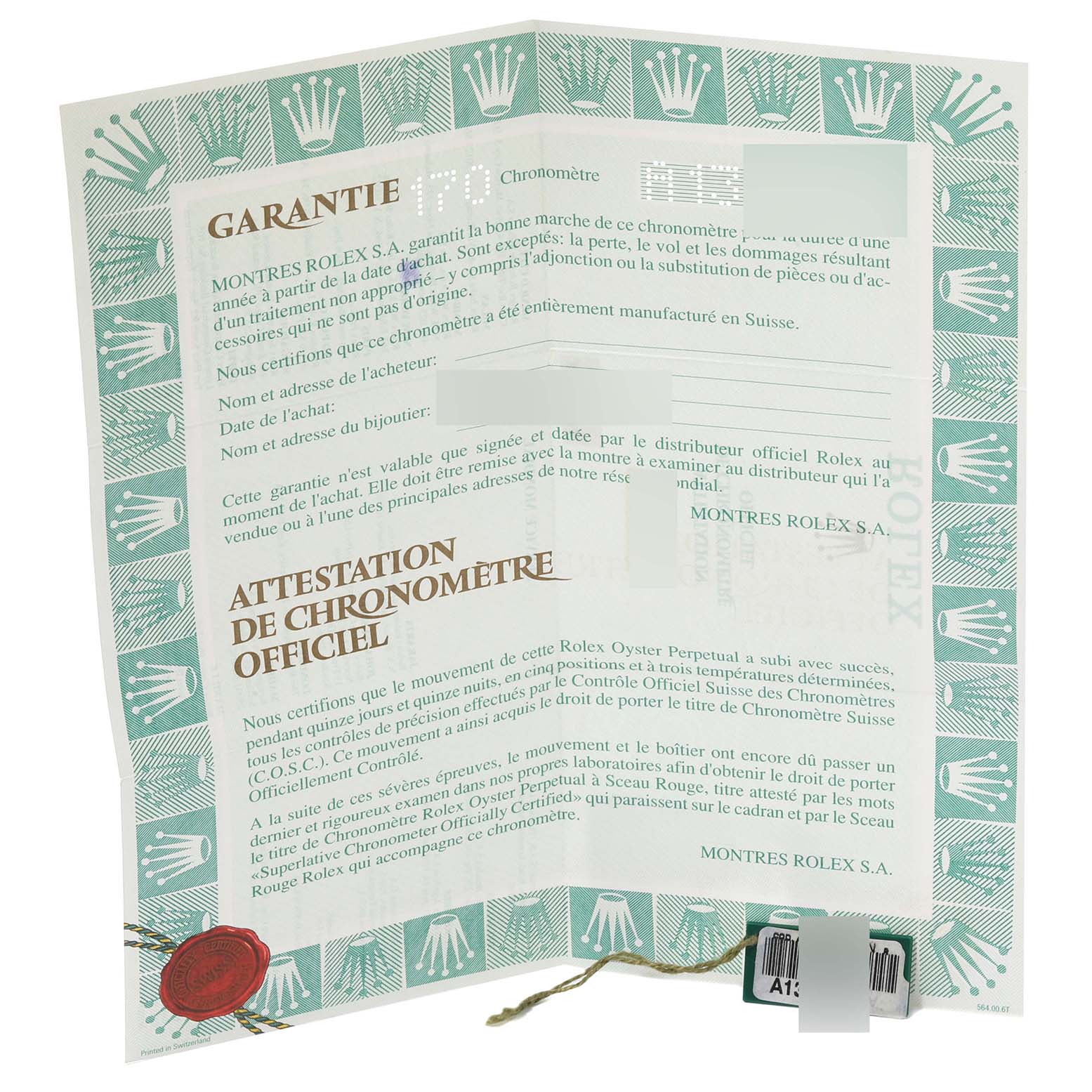 This image shows the warranty and official chronometer certificate for a Rolex Explorer 14270 Men
s Stainless Steel Black Dial 14270 Men
s Stainless Steel Black Dial watch.