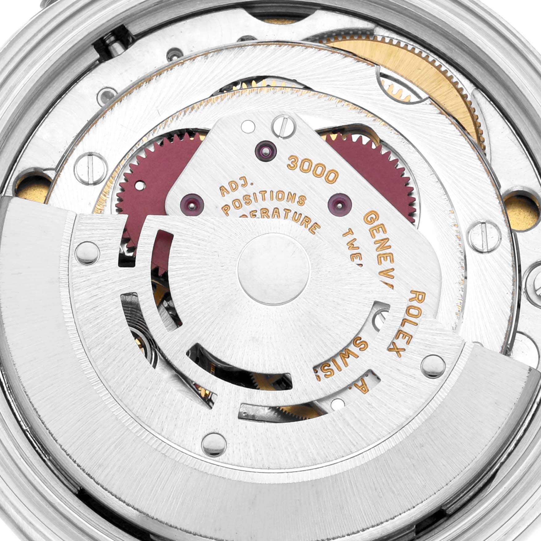This image shows a detailed view of the movement components inside a Rolex Explorer 14270 Men
s Stainless Steel Black Dial 14270 Men
s Stainless Steel Black Dial watch.