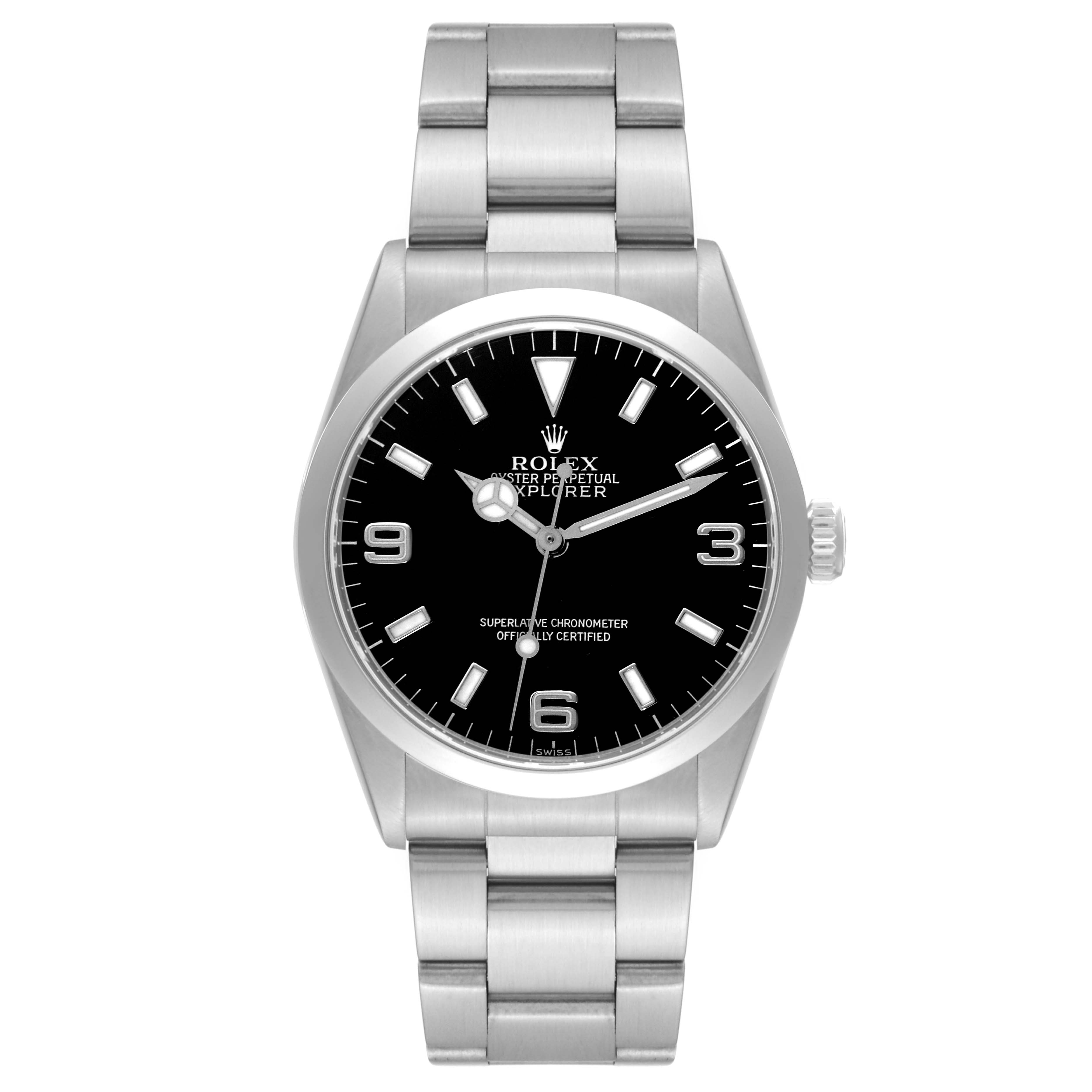 This image shows a front view of the Rolex Explorer 14270 Men
s Stainless Steel Black Dial 14270 Men
s Stainless Steel Black Dial model watch, highlighting its face, band, and crown.