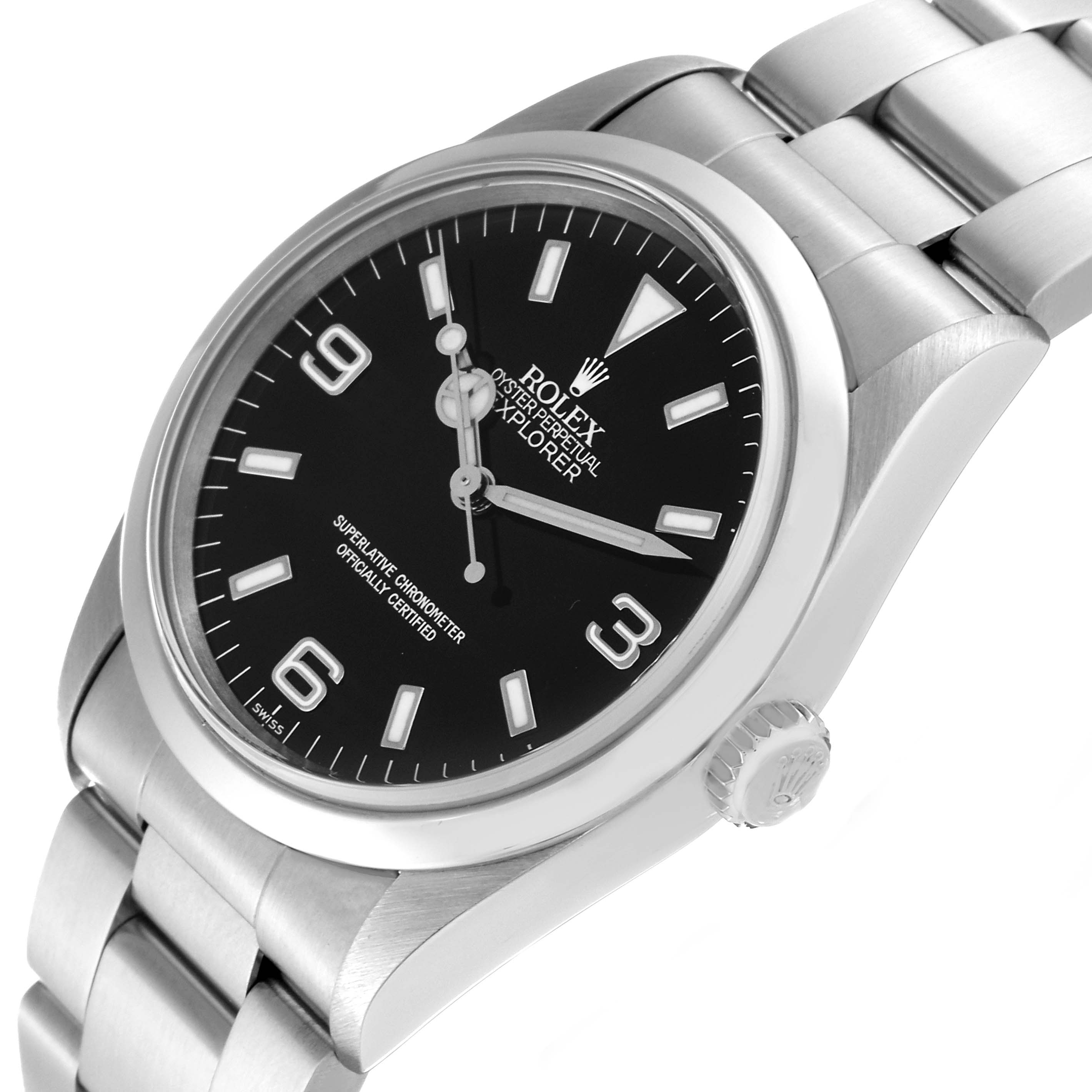 This image shows a Rolex Explorer 14270 Men's Stainless Steel Black Dial 14270 Men's Stainless Steel Black Dial watch at a tilted angle, highlighting its dial, crown, and part of the bracelet.