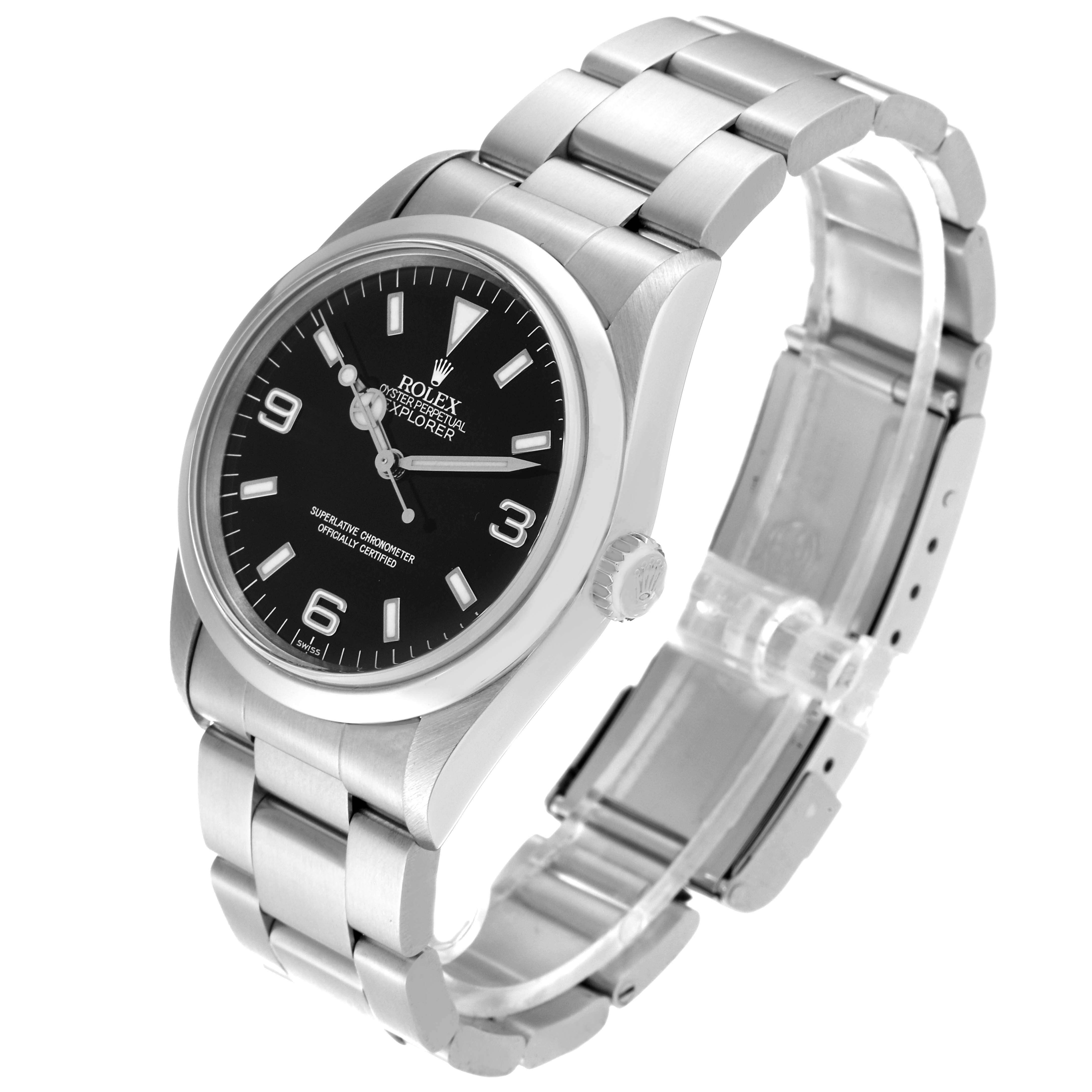 A Rolex Explorer 14270 Men's Stainless Steel Black Dial 14270 Men's Stainless Steel Black Dial watch is shown from an angled side view, displaying its black dial and metal bracelet.