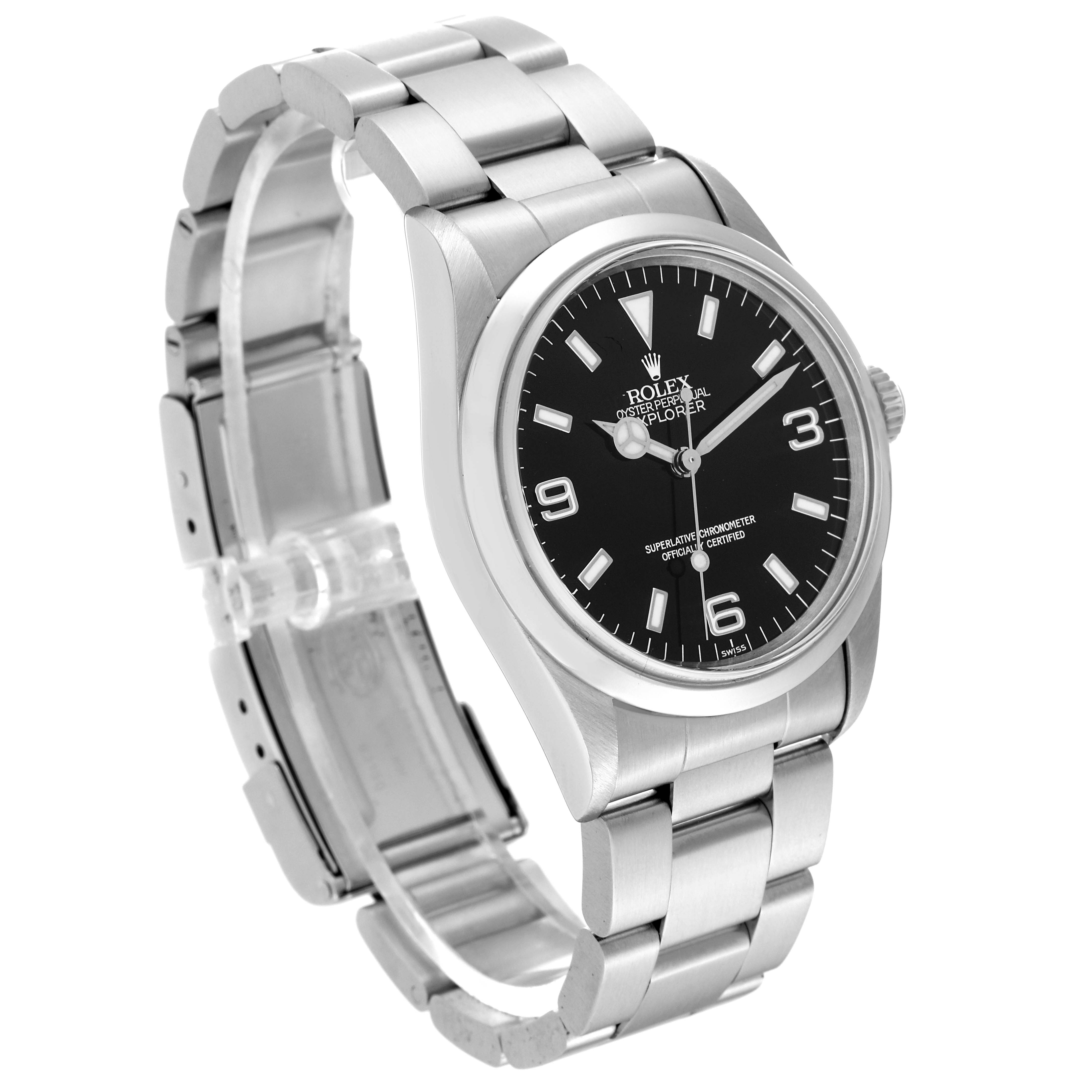 The Rolex Explorer 14270 Men's Stainless Steel Black Dial 14270 Men's Stainless Steel Black Dial watch is shown at a slight angle displaying its bracelet, clasp, and black dial with distinct hour markers.