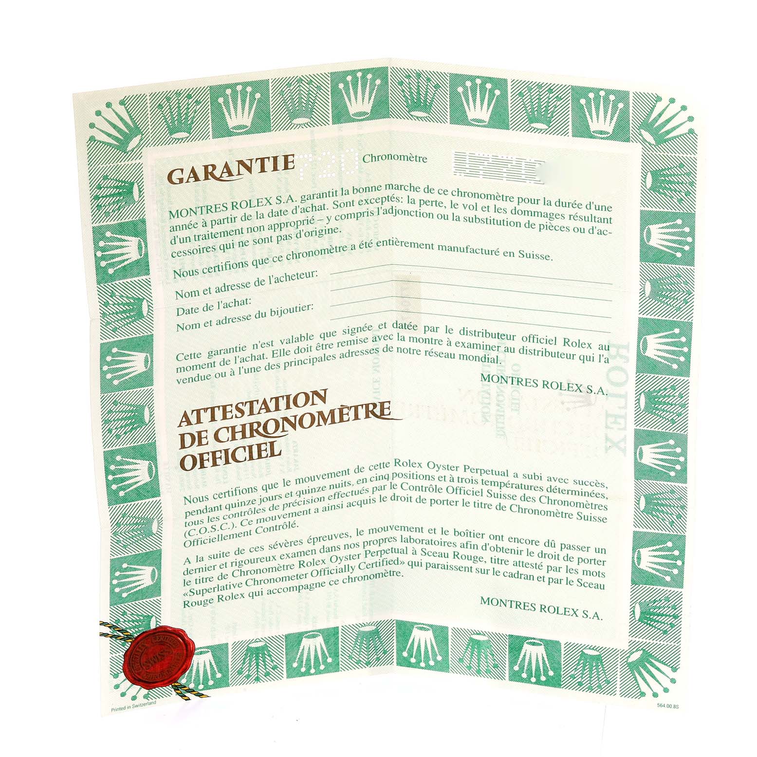 The image shows a folded warranty paper and certificate of authenticity for a Rolex Explorer 14270 Men's Stainless Steel Black Dial 14270 Men's Stainless Steel Black Dial watch.