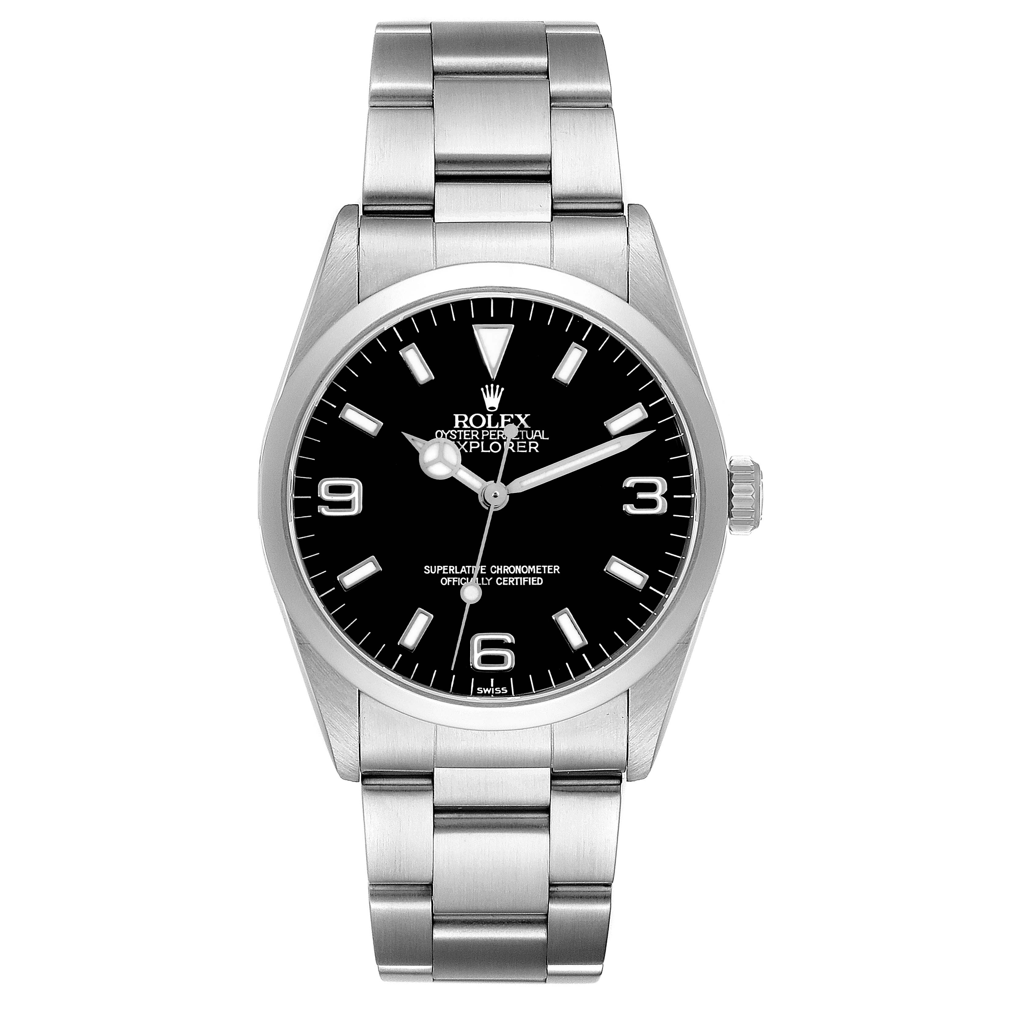 The image shows a front view of the Rolex Explorer 14270 Men's Stainless Steel Black Dial 14270 Men's Stainless Steel Black Dial watch, highlighting the dial, bezel, and bracelet.