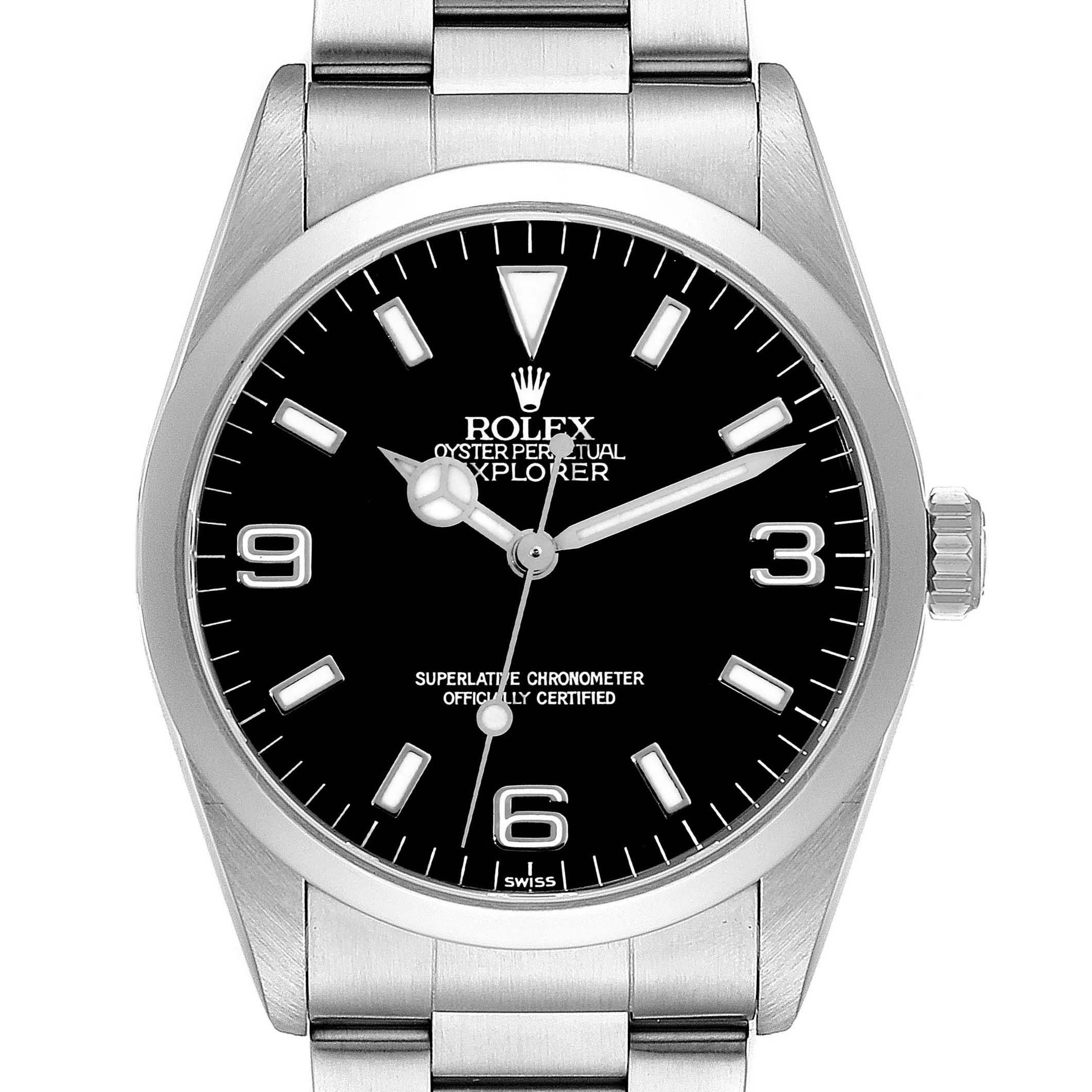 The Rolex Explorer 14270 Men's Stainless Steel Black Dial 14270 Men's Stainless Steel Black Dial watch is shown from a front angle, highlighting its black dial, silver hands, and bracelet.