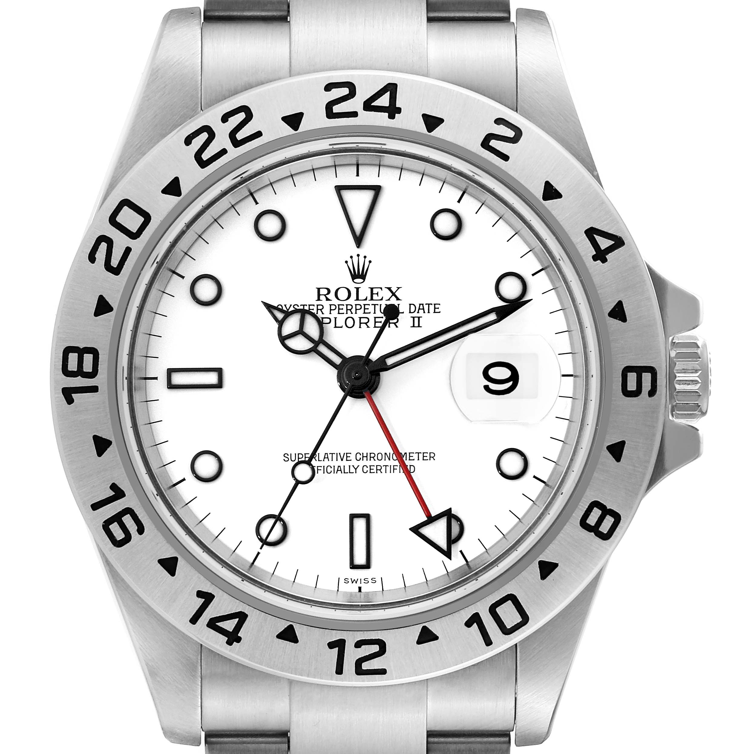 The image shows the front view of a Rolex Explorer 16570T Men's Stainless Steel White Dial 16570T Men's Stainless Steel White Dial watch, highlighting the bezel, dial, and hands.