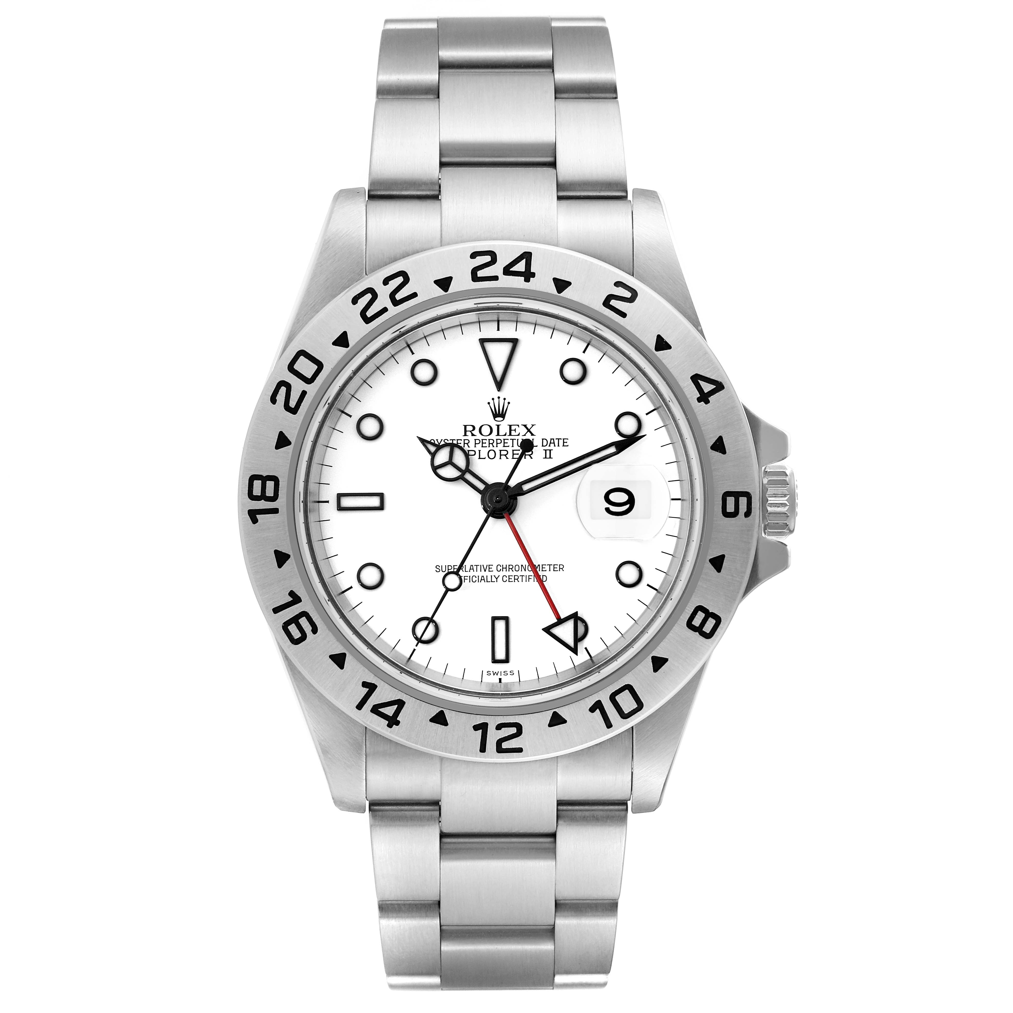 This image shows a front view of the Rolex Explorer 16570T Men's Stainless Steel White Dial 16570T Men's Stainless Steel White Dial watch, displaying its face, bezel, and bracelet.