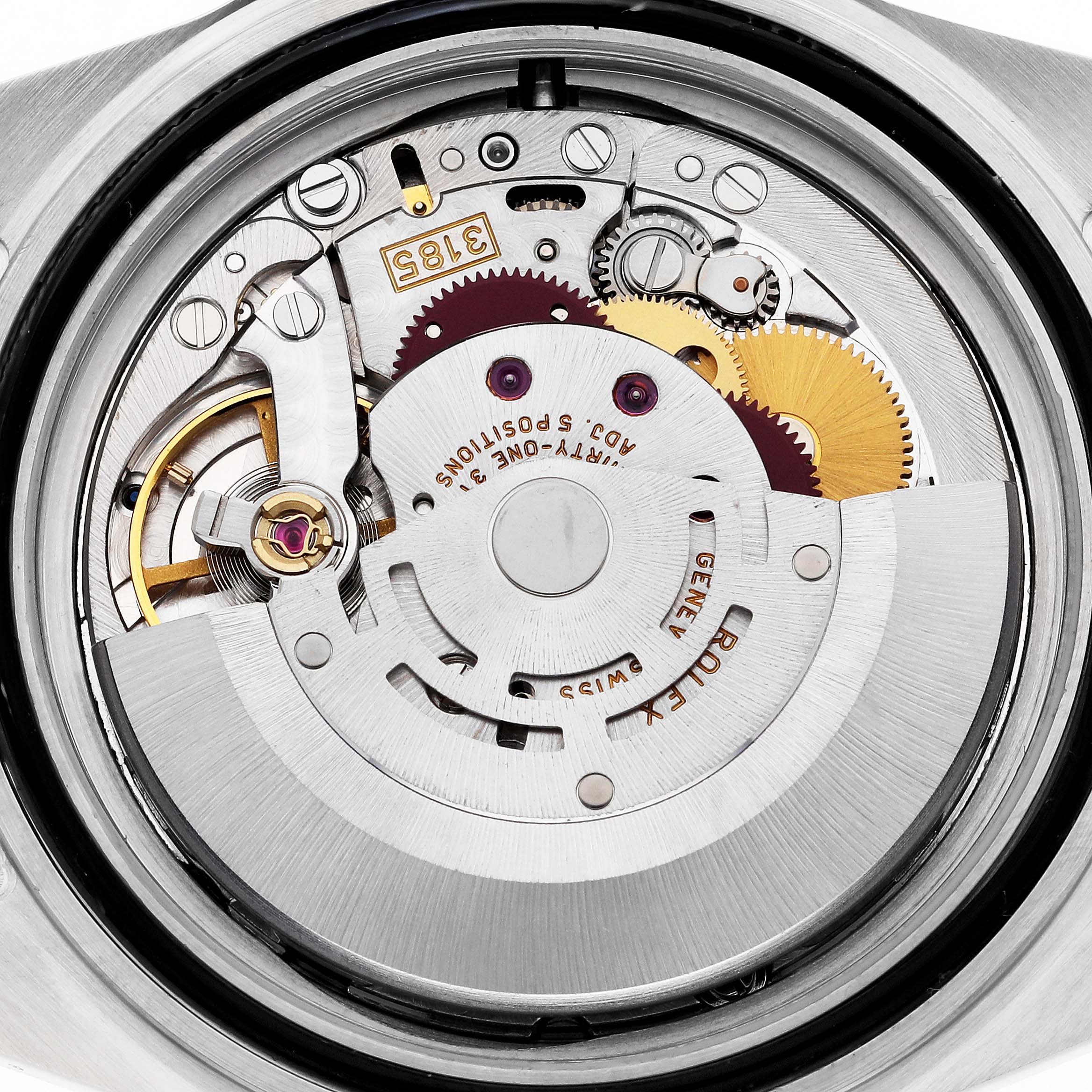 This image shows the internal mechanical movement of a Rolex Explorer 16570T Men's Stainless Steel White Dial 16570T Men's Stainless Steel White Dial watch, viewed from the back.