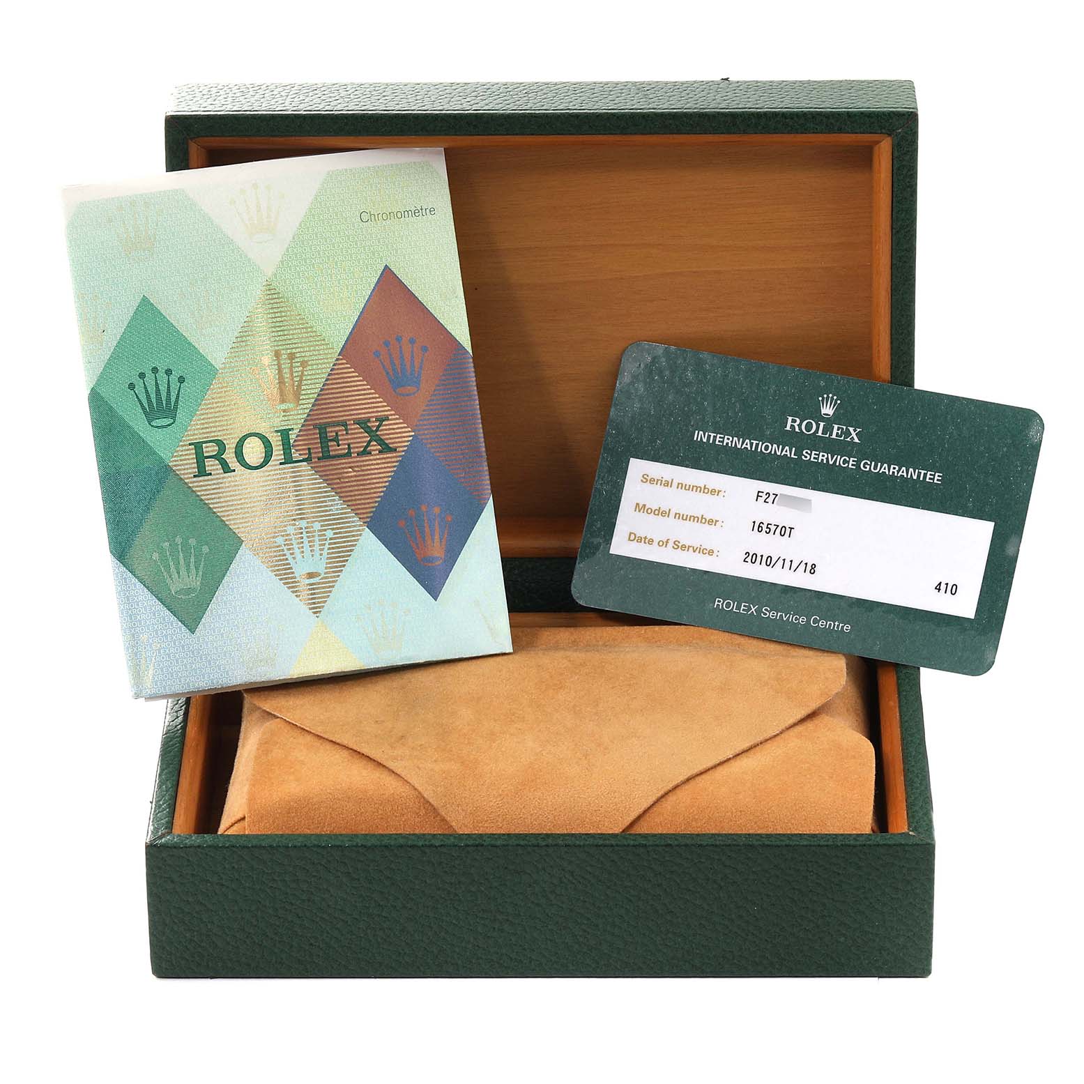 The image shows a Rolex Explorer 16570T Men's Stainless Steel White Dial 16570T Men's Stainless Steel White Dial watch package, including the box, a warranty card, and a booklet, viewed from the front.