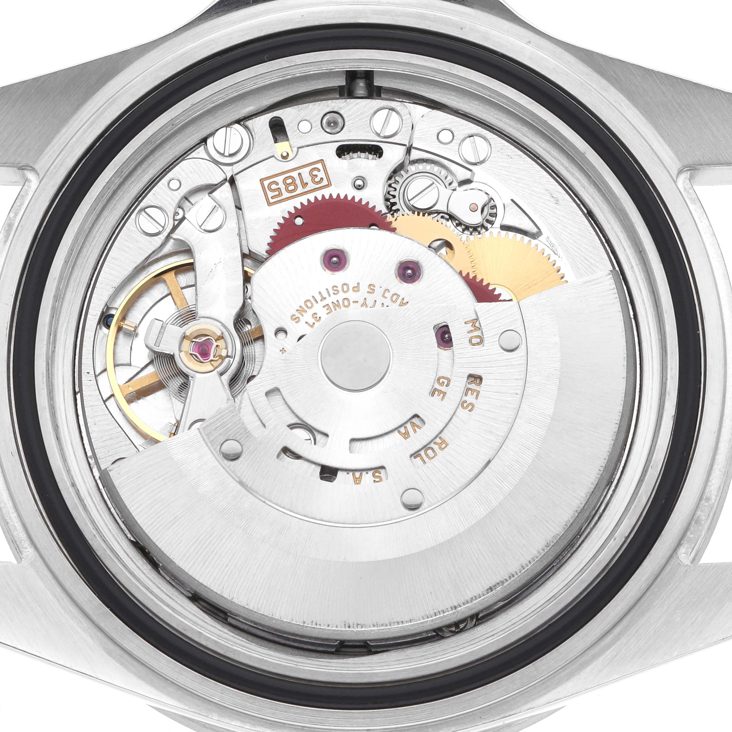 The image shows the internal mechanism of a Rolex Explorer 16570T Men's Stainless Steel Black Dial 16570T Men's Stainless Steel Black Dial from a top-down angle, highlighting its intricate gears and parts.