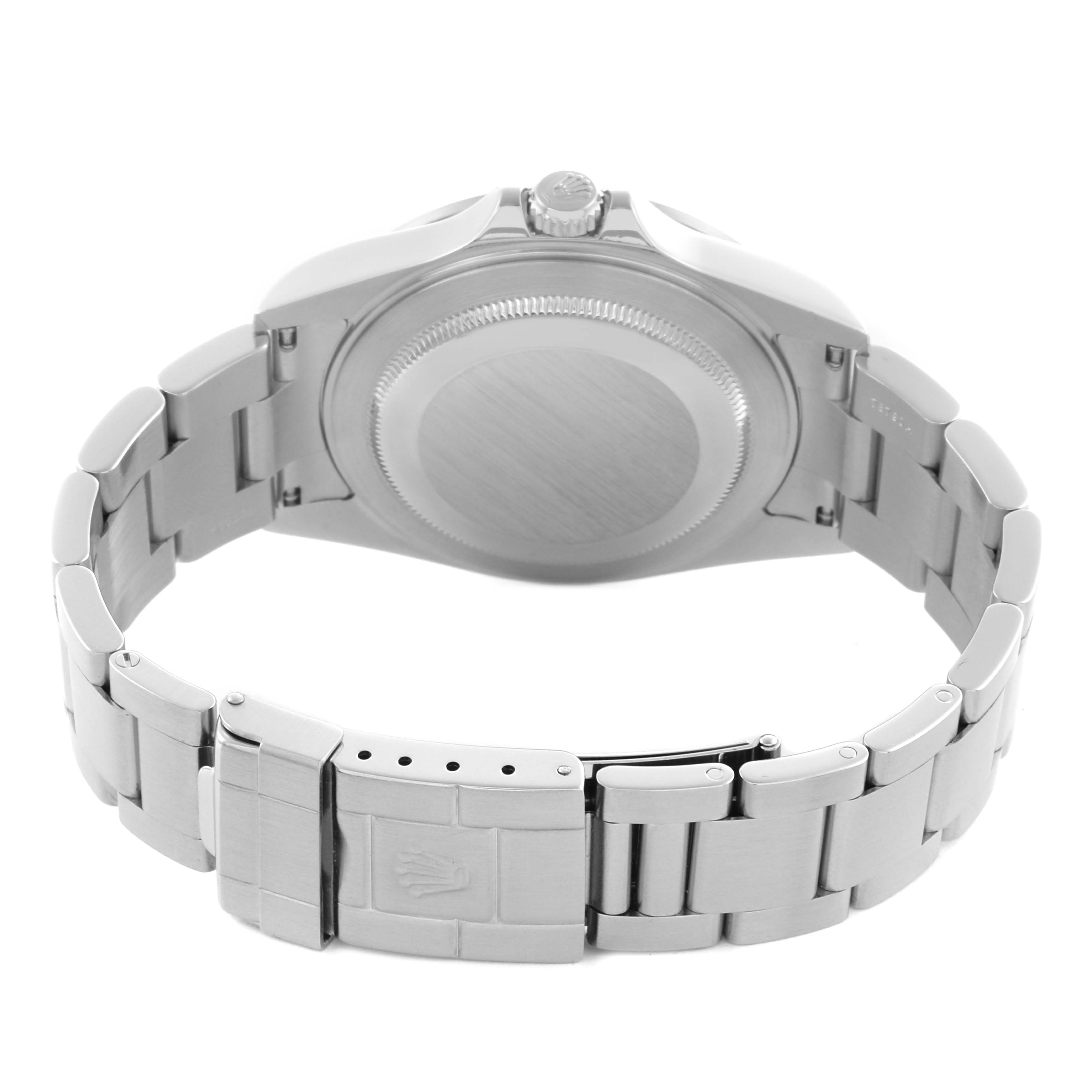 The image shows the back case and bracelet of a Rolex Explorer 16570T Men's Stainless Steel Black Dial 16570T Men's Stainless Steel Black Dial watch from a rear angle.