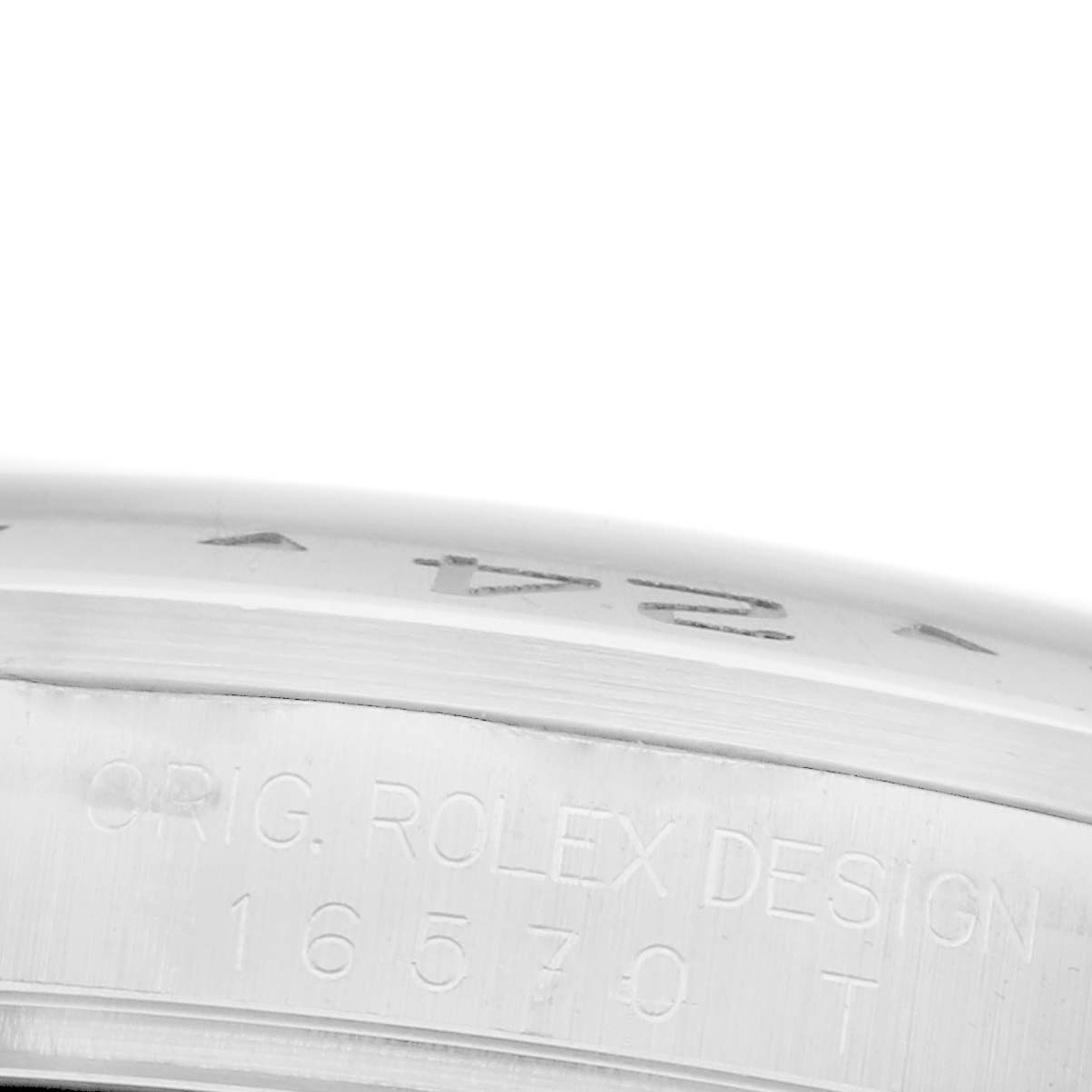 The image shows a close-up of the side of a Rolex Explorer 16570T Men's Stainless Steel Black Dial 16570T Men's Stainless Steel Black Dial watch, highlighting the engraved model number.