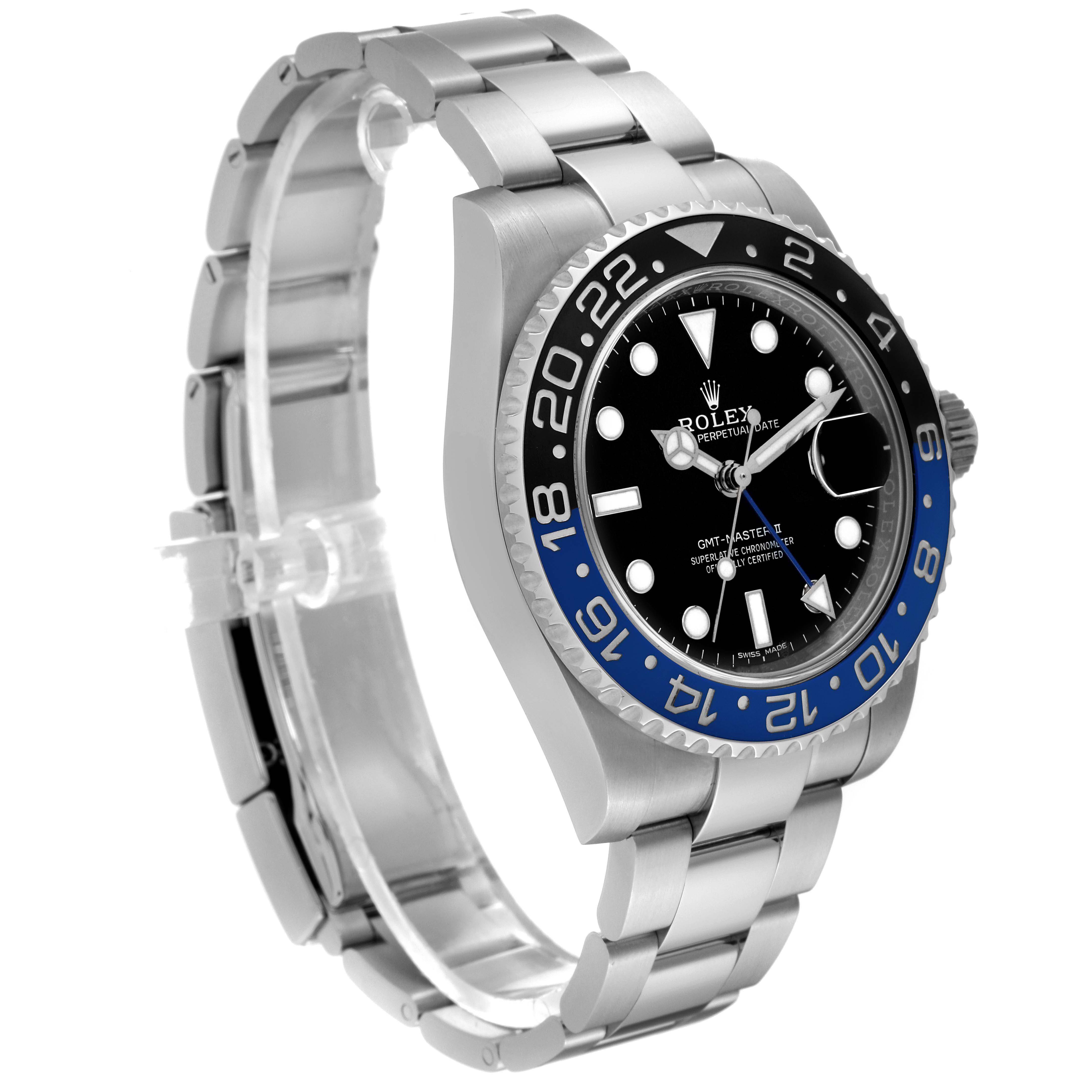 The image shows a side angle of a Rolex GMT-Master 116710BLNR Men's Stainless Steel Black Dial 116710BLNR Men's Stainless Steel Black Dial watch, highlighting its bracelet, bezel, and dial.