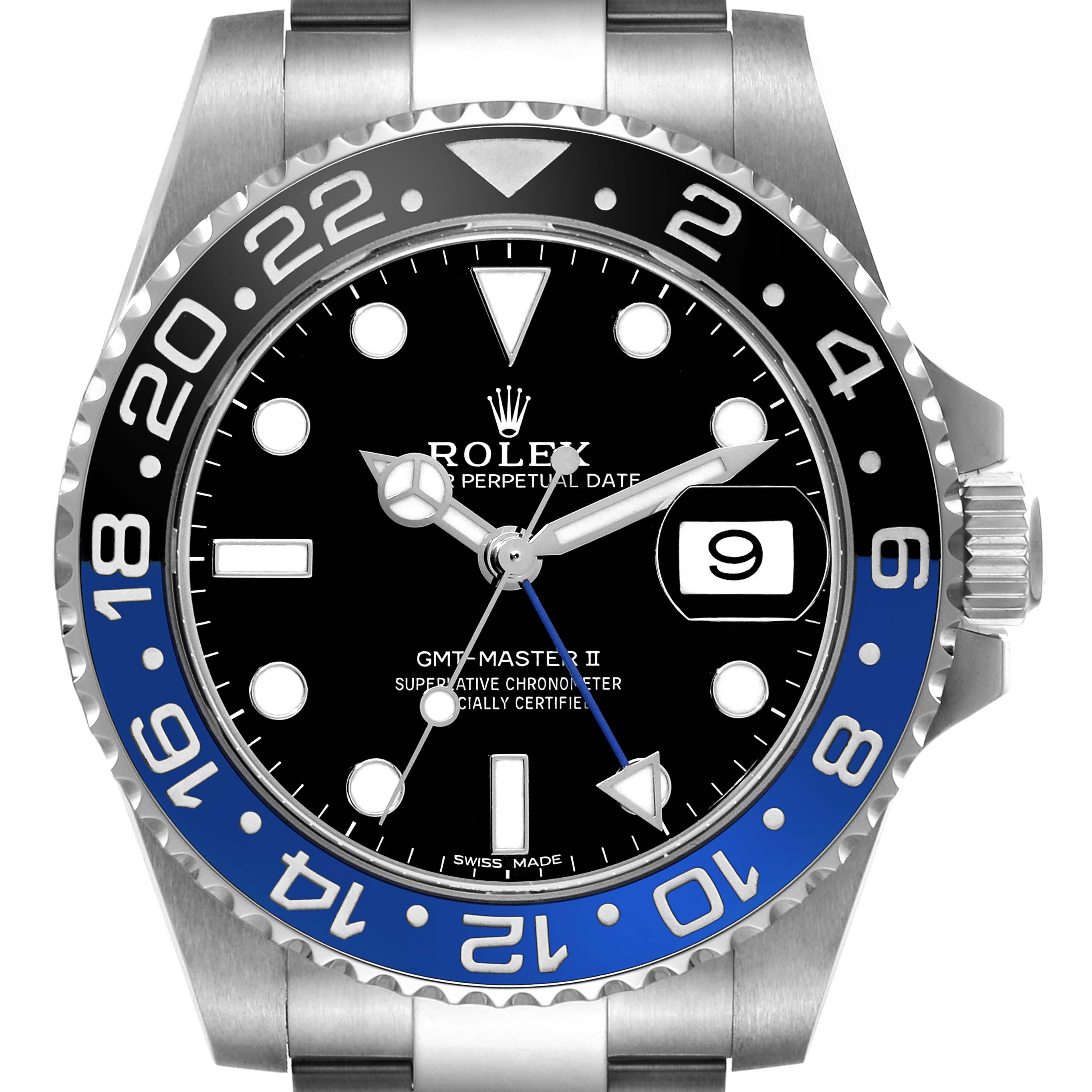 The image shows a front view of a Rolex GMT-Master 116710BLNR Men's Stainless Steel Black Dial 116710BLNR Men's Stainless Steel Black Dial II watch, highlighting the bezel, dial, and date window.