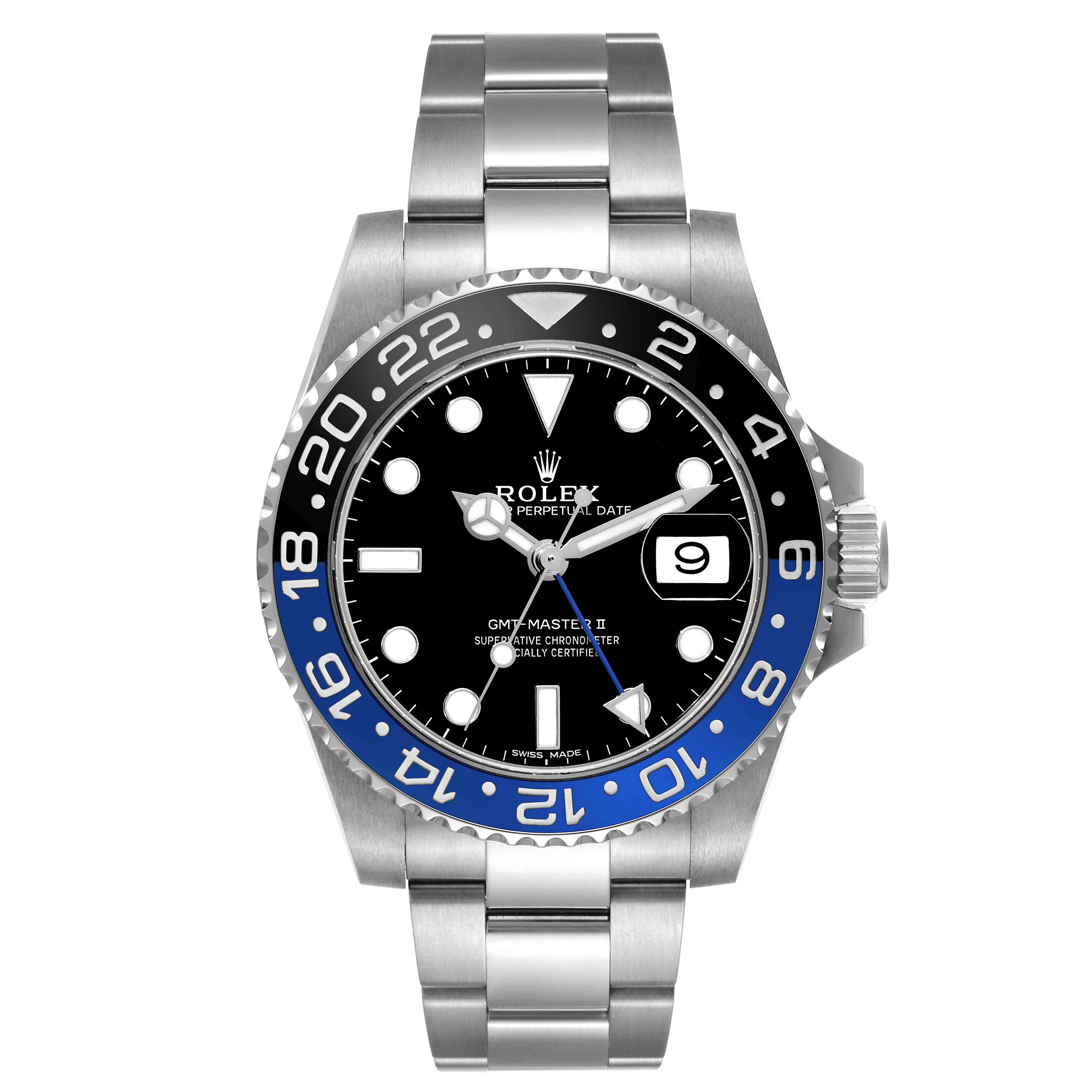 The Rolex GMT-Master 116710BLNR Men's Stainless Steel Black Dial 116710BLNR Men's Stainless Steel Black Dial watch is shown from a straight-on angle, displaying the face, bezel, and bracelet.