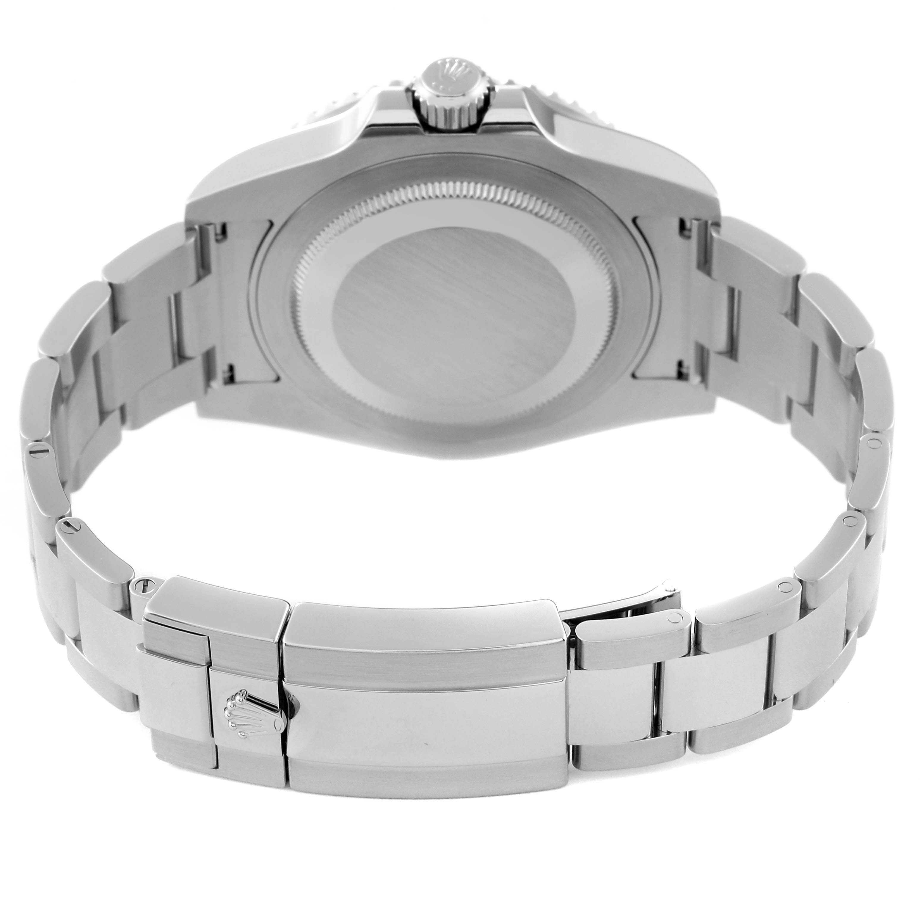 The image shows the back view of the Rolex GMT-Master 116710BLNR Men's Stainless Steel Black Dial 116710BLNR Men's Stainless Steel Black Dial watch, highlighting the case back and the bracelet with the clasp.