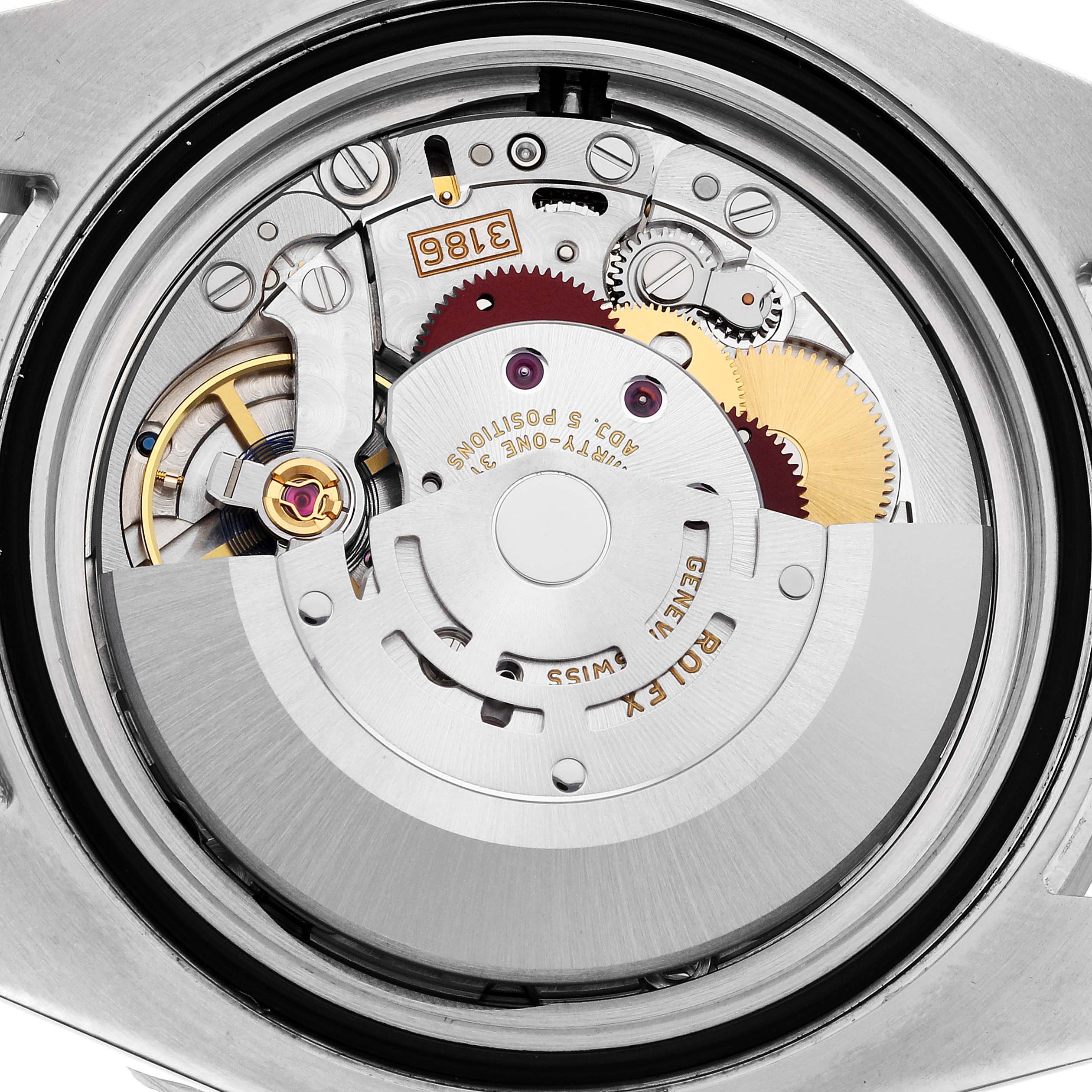 This image shows the internal movement mechanism of a Rolex GMT-Master 116710BLNR Men's Stainless Steel Black Dial 116710BLNR Men's Stainless Steel Black Dial watch from a top-down angle.