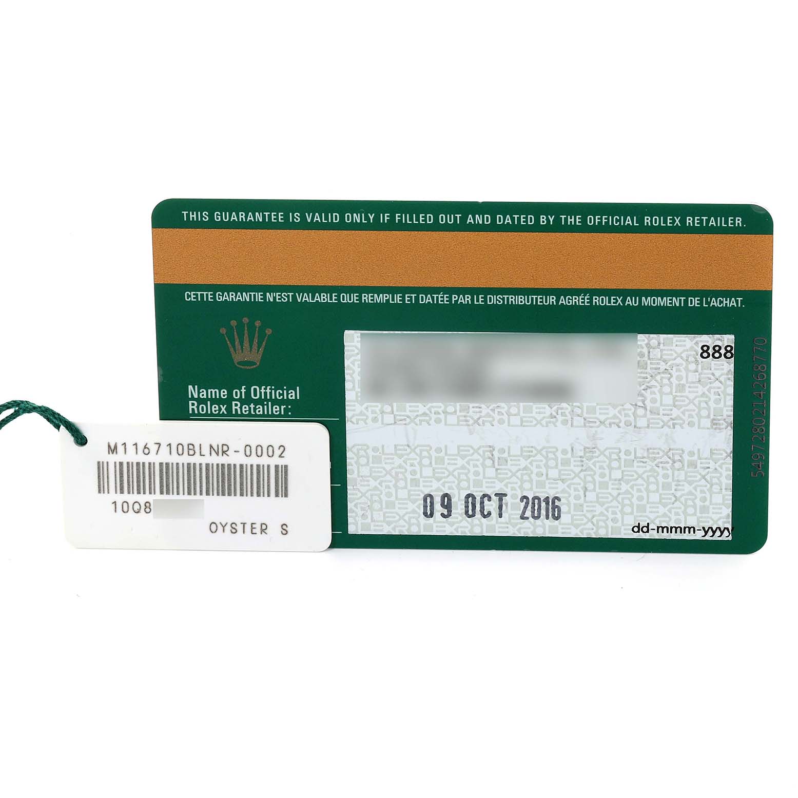 This image shows a warranty card and a tag for the Rolex GMT-Master 116710BLNR Men's Stainless Steel Black Dial 116710BLNR Men's Stainless Steel Black Dial model.