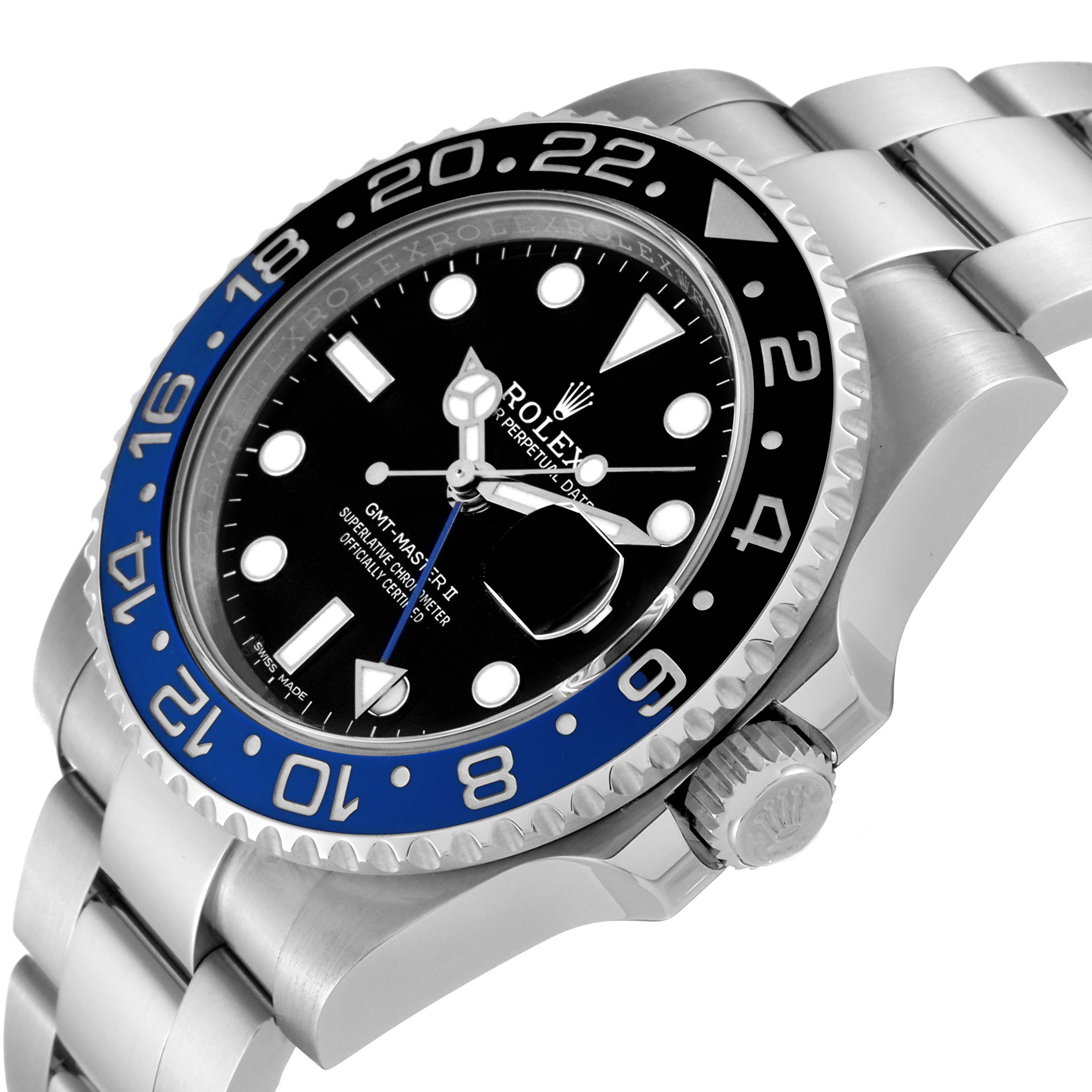 The Rolex GMT-Master 116710BLNR Men's Stainless Steel Black Dial 116710BLNR Men's Stainless Steel Black Dial watch is shown at an angled close-up, highlighting the bezel, dial, and bracelet.