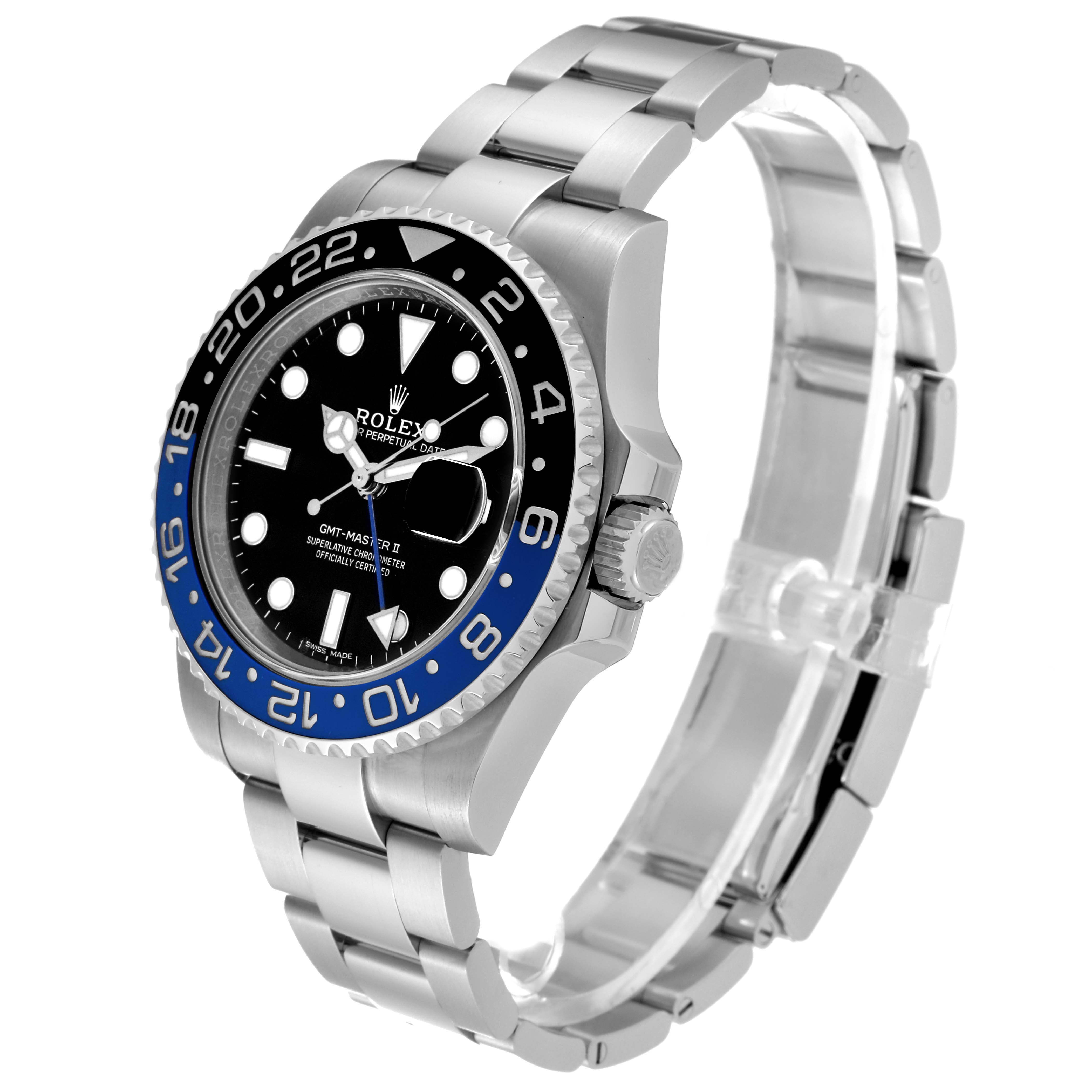 The Rolex GMT-Master 116710BLNR Men's Stainless Steel Black Dial 116710BLNR Men's Stainless Steel Black Dial watch is shown at an angle highlighting the face, bezel, crown, and bracelet.