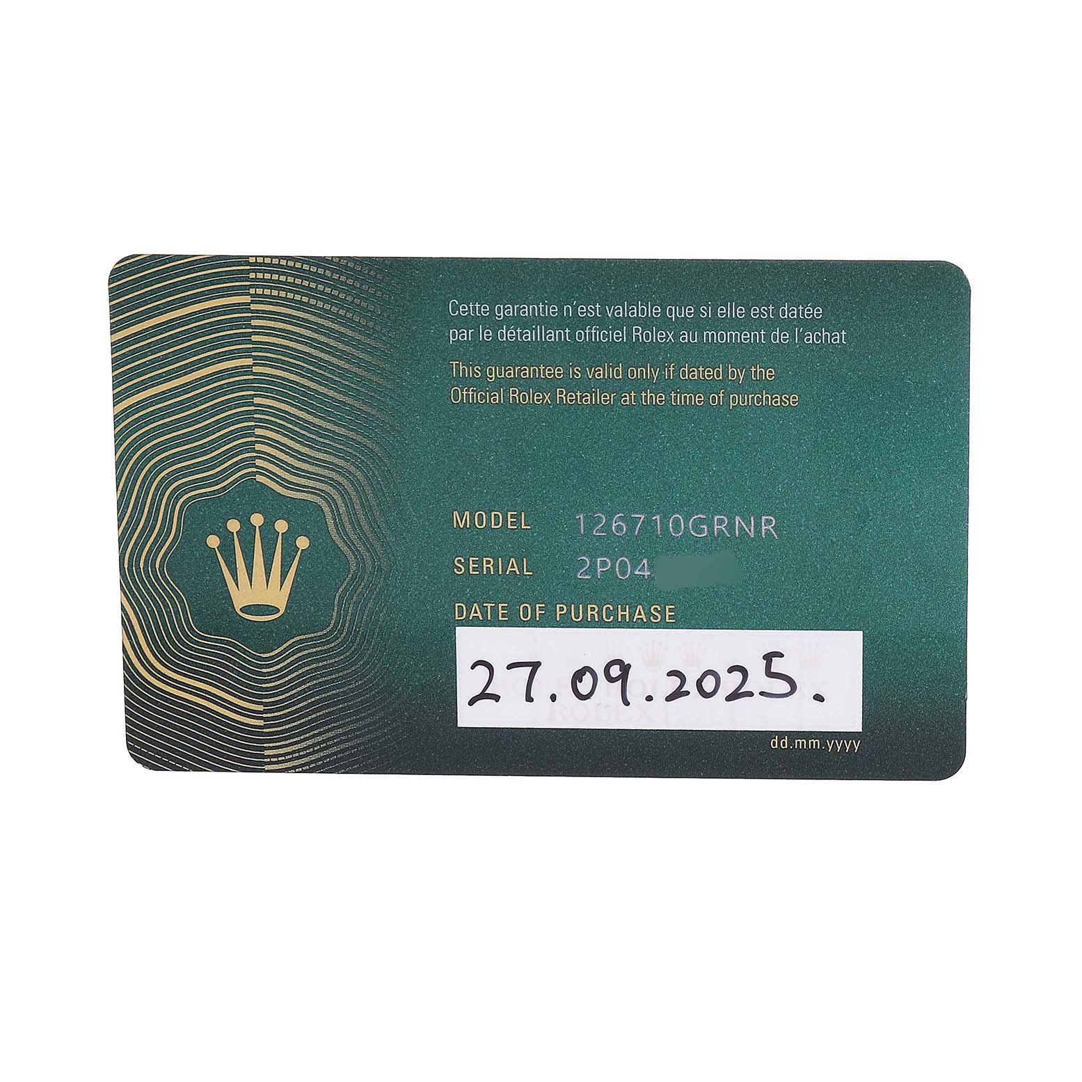 The image shows a warranty card for a Rolex GMT-Master 126710GRNR Men's Stainless Steel Black Dial with model number 126710GRNR.