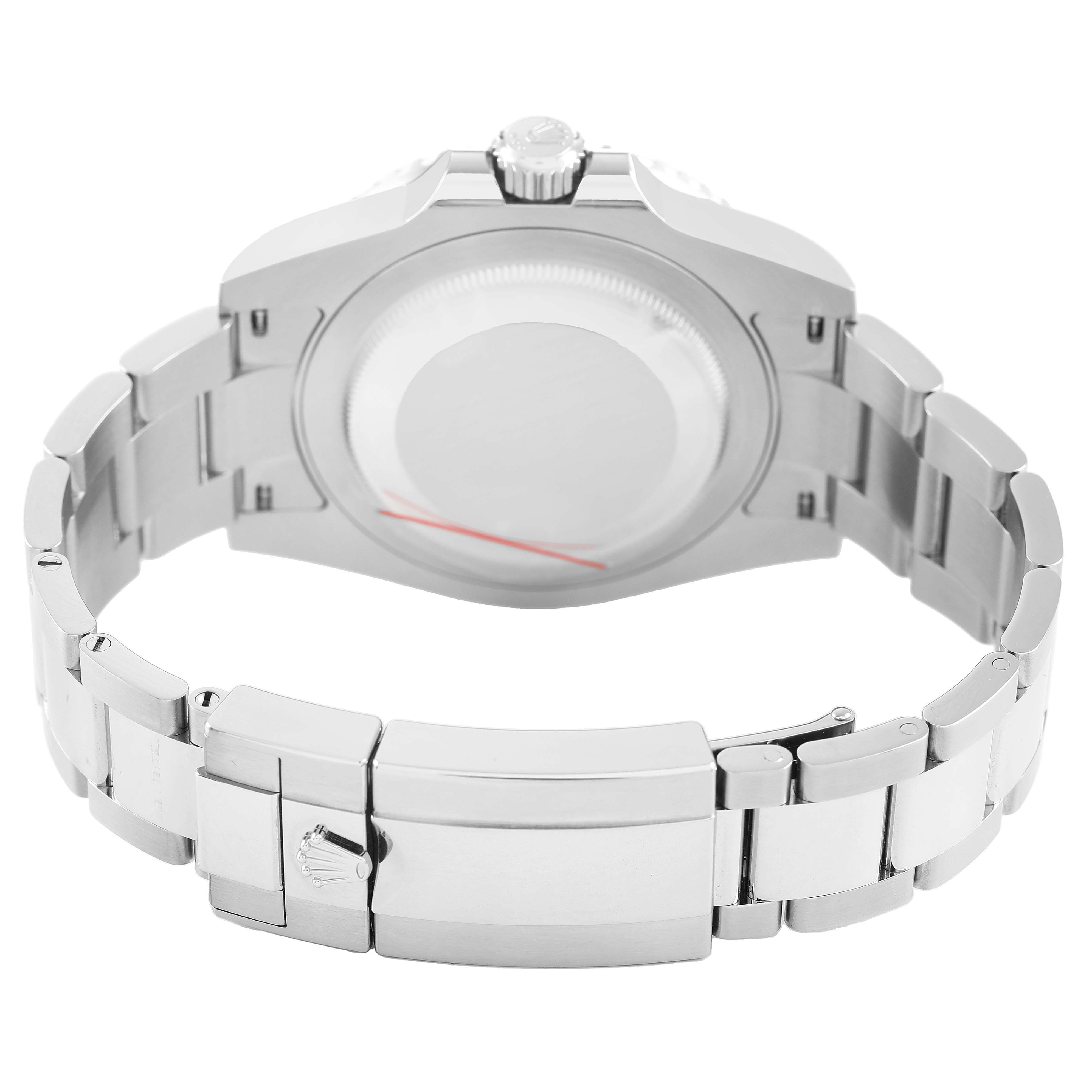 The Rolex GMT-Master 126710GRNR Men's Stainless Steel Black Dial watch is shown from the back, highlighting the clasp, bracelet, and case back.