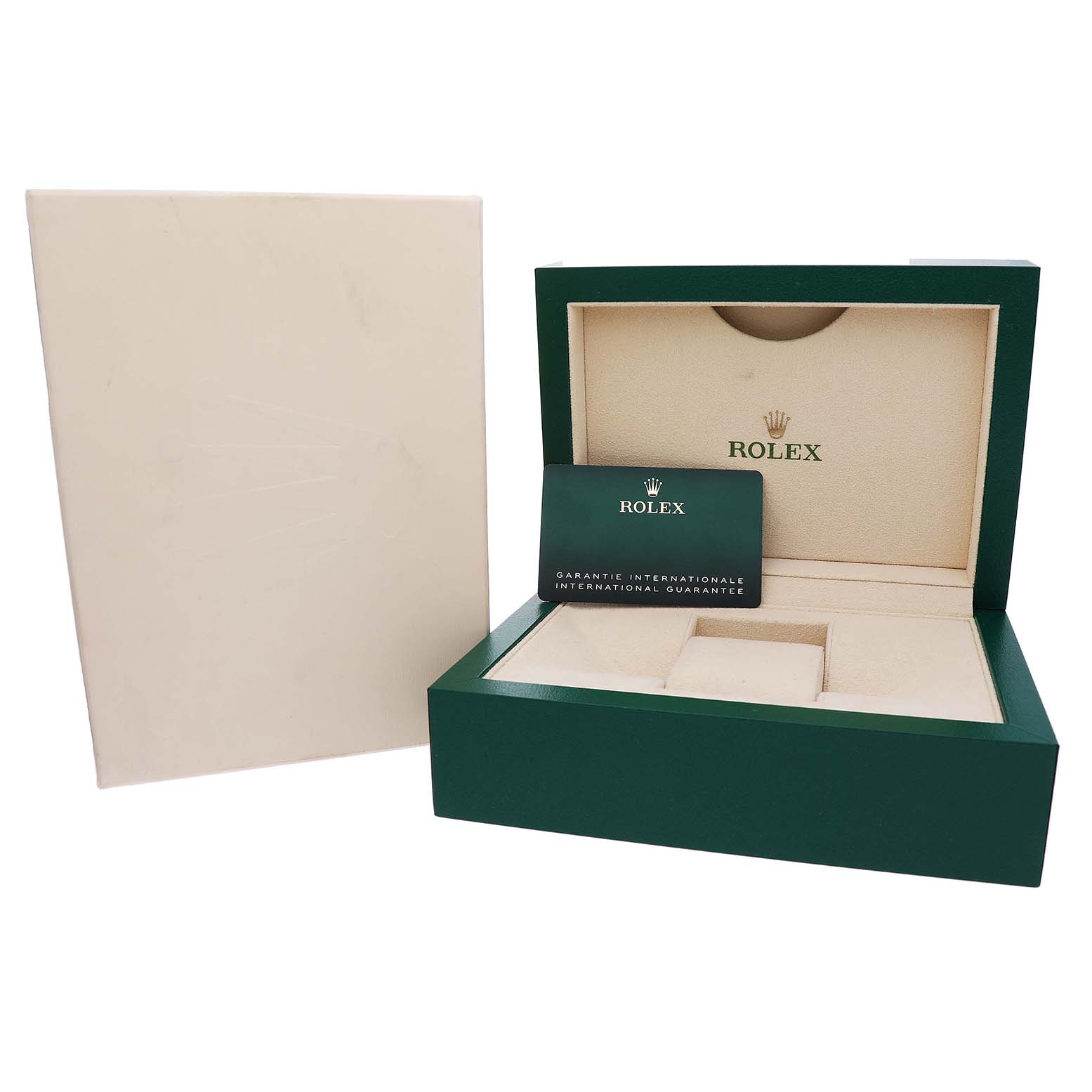 The image shows a Rolex GMT-Master 126710GRNR Men's Stainless Steel Black Dial watch box, open, with a warranty card placed inside.