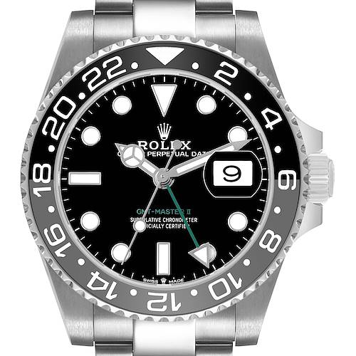 The Rolex GMT-Master 126710GRNR Men's Stainless Steel Black Dial watch is shown from the front, highlighting the bezel, dial, and bracelet.