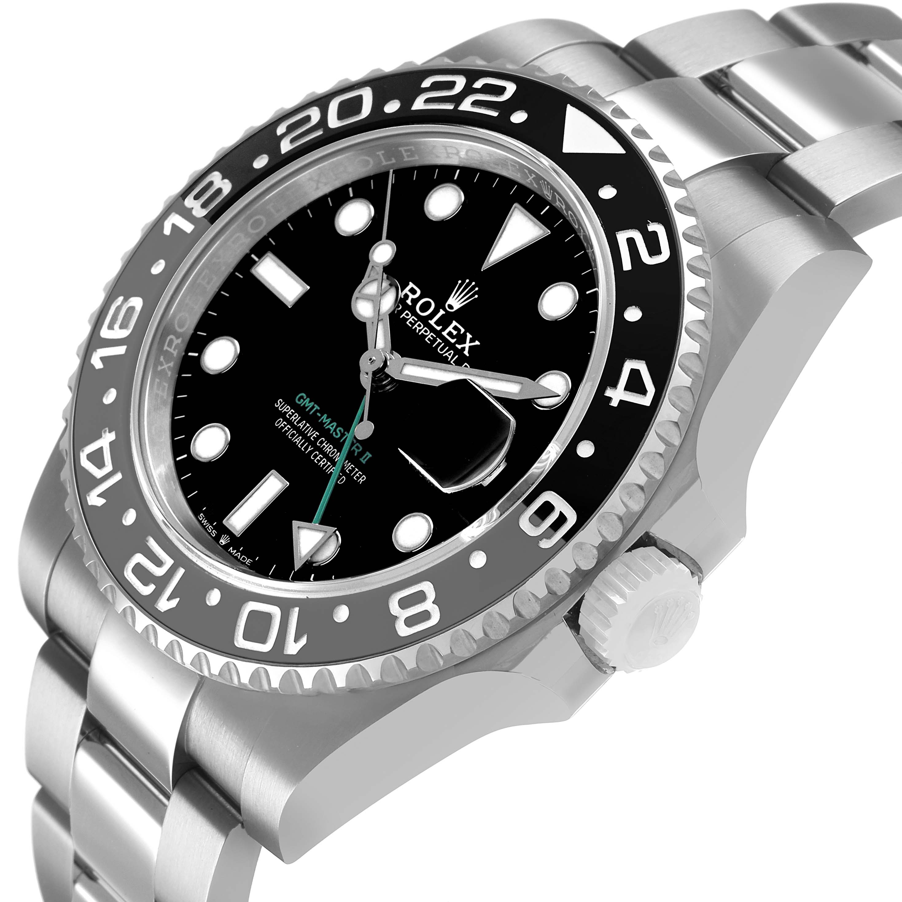 The image shows a side angle of the Rolex GMT-Master 126710GRNR Men's Stainless Steel Black Dial, highlighting its bezel, dial, crown, and part of the bracelet.