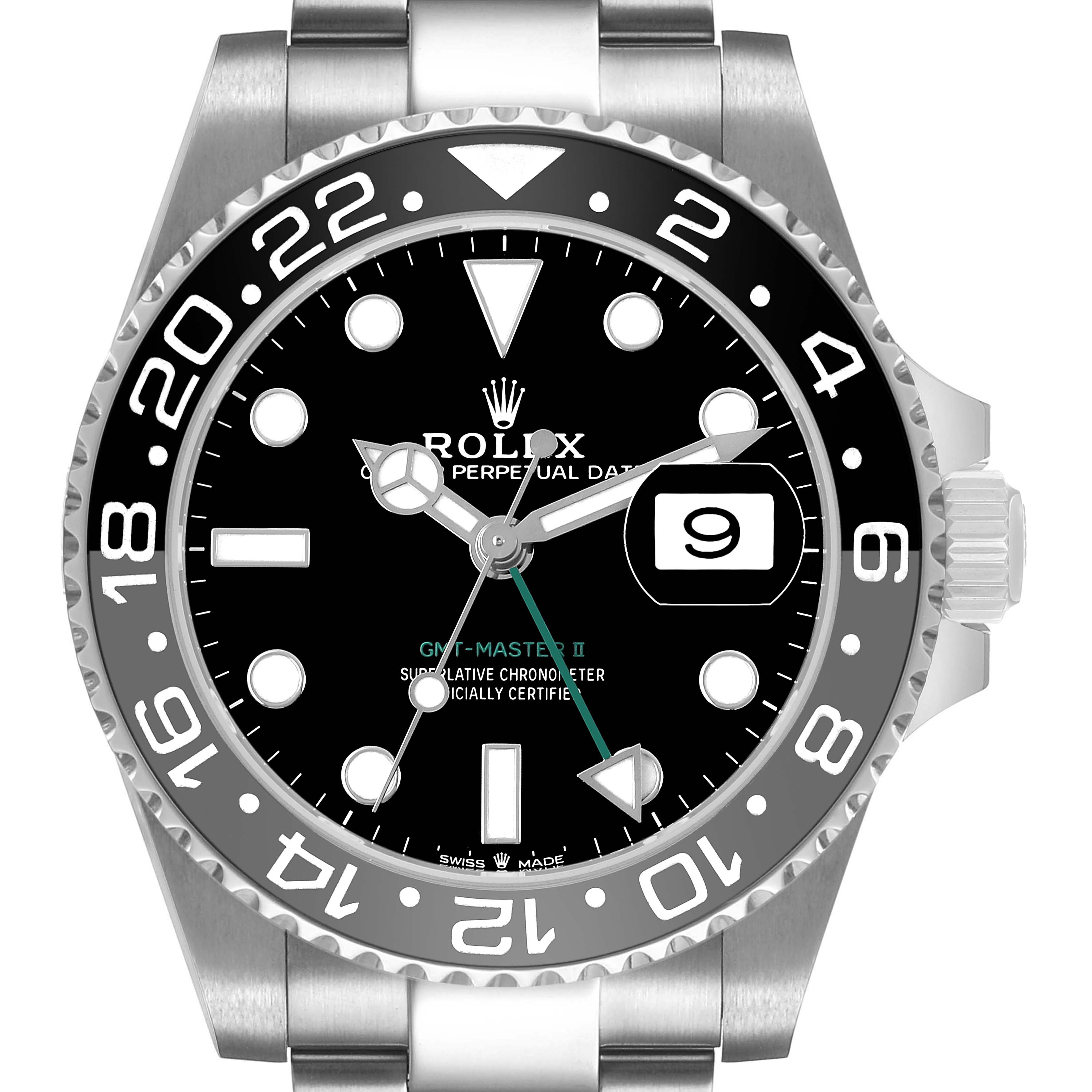 The Rolex GMT-Master 126710GRNR Men's Stainless Steel Black Dial watch is shown front-facing, displaying its dial, bezel, crown, and part of the bracelet.