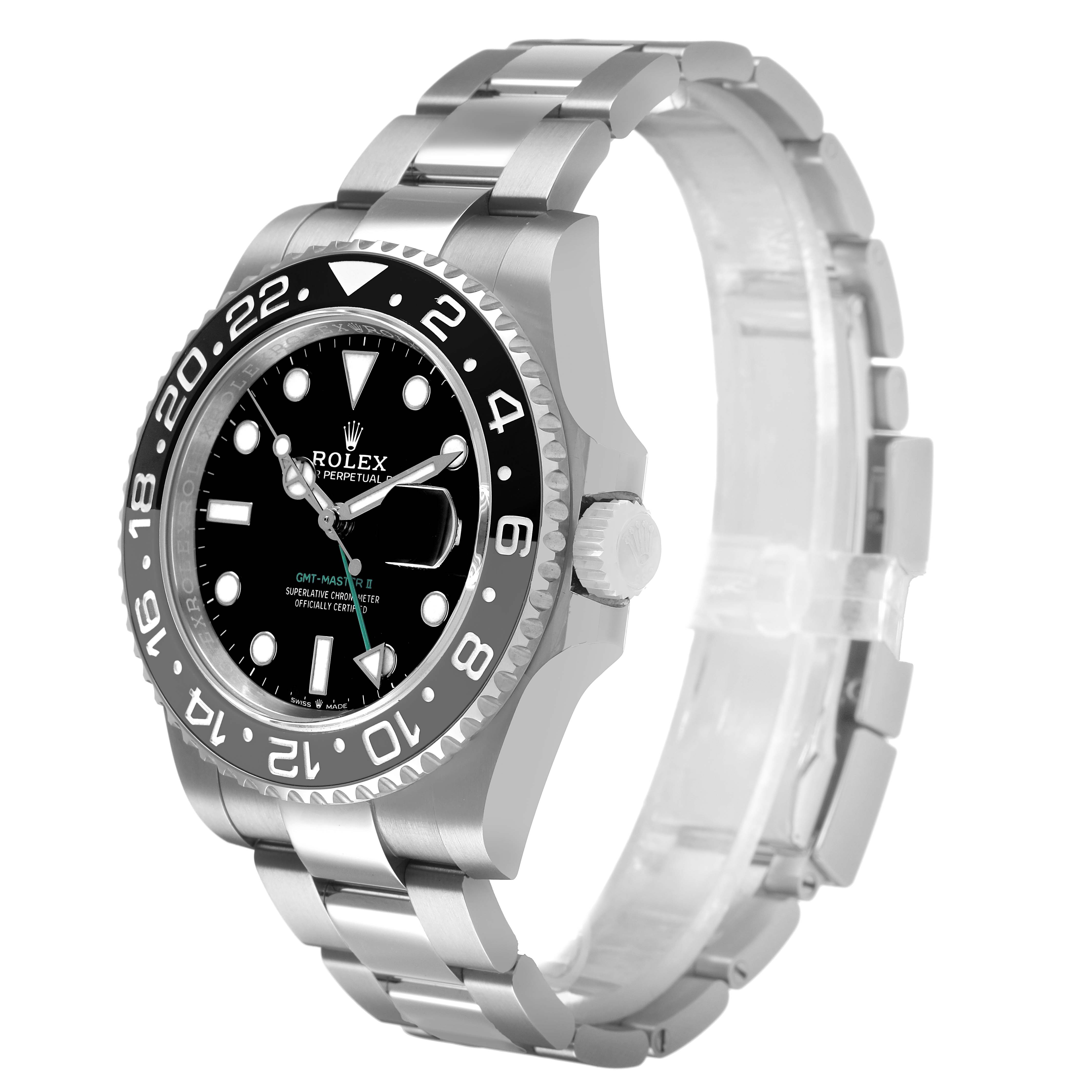 The Rolex GMT-Master 126710GRNR Men's Stainless Steel Black Dial model is shown at a three-quarter angle, highlighting the bezel, dial, crown, and bracelet.