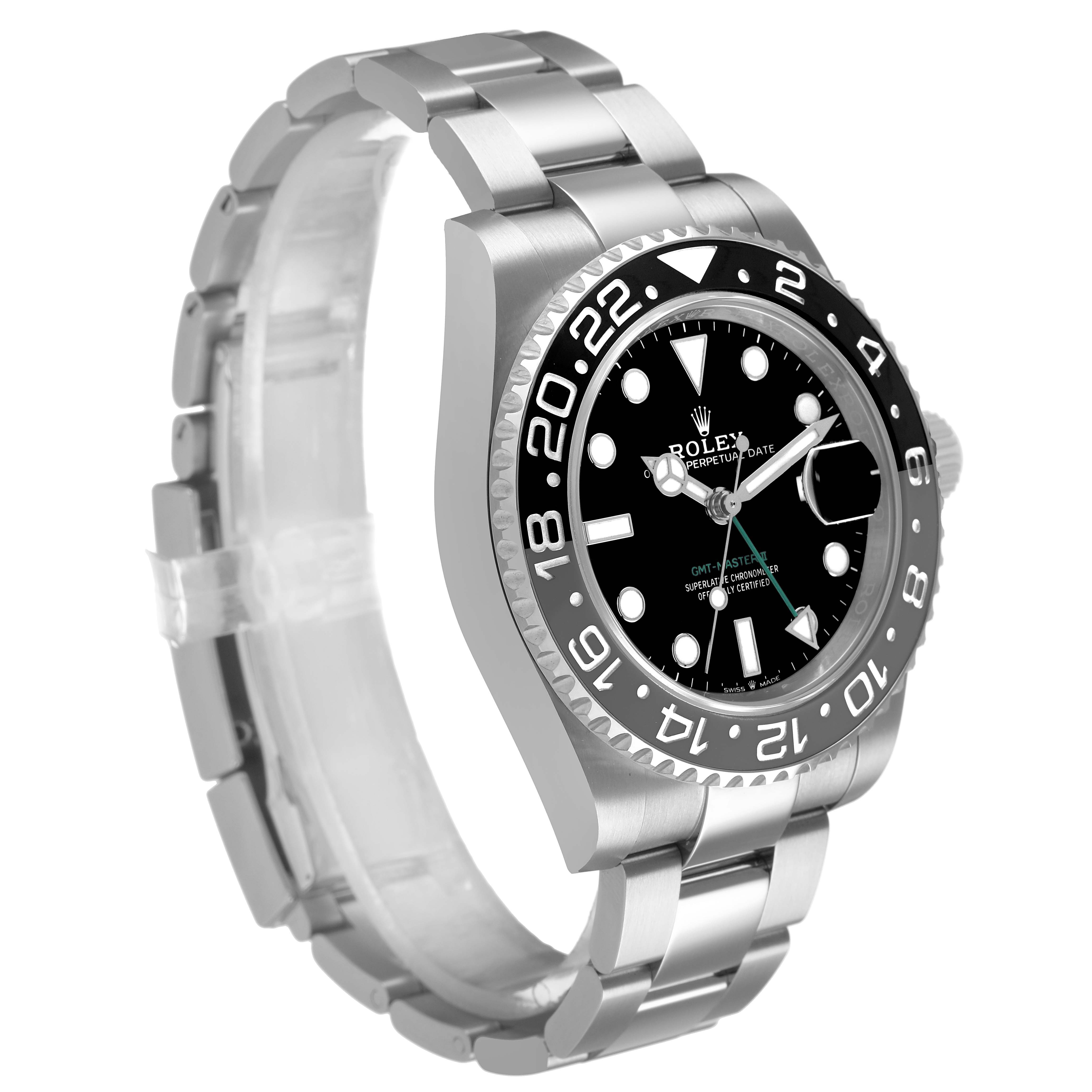 The Rolex GMT-Master 126710GRNR Men's Stainless Steel Black Dial watch is shown from a three-quarter angle, displaying its bezel, dial, bracelet, and crown.