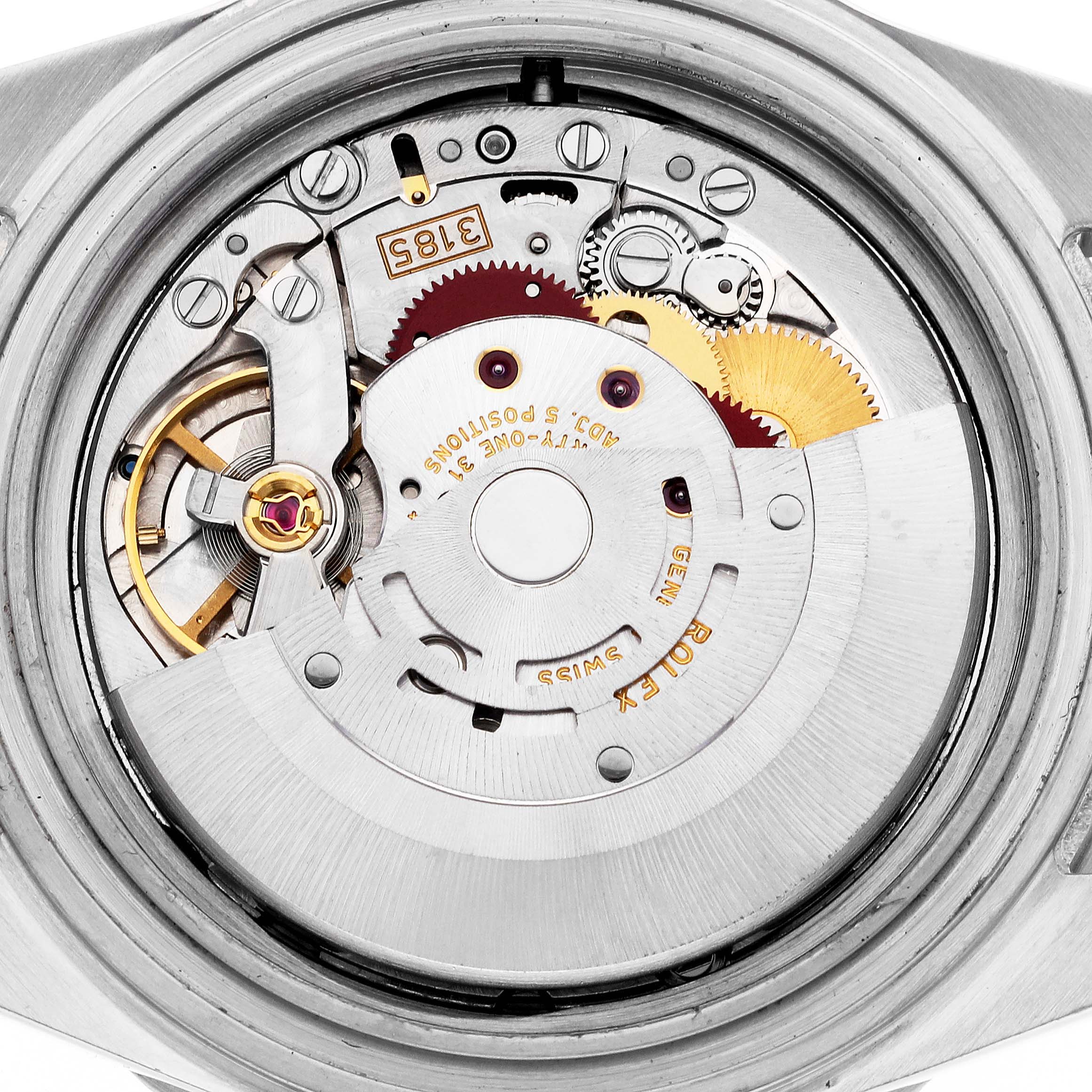 This image shows a close-up view of the movement mechanism inside a Rolex GMT-Master 16710 Men's Stainless Steel Black Dial 16710 Men's Stainless Steel Black Dial watch.