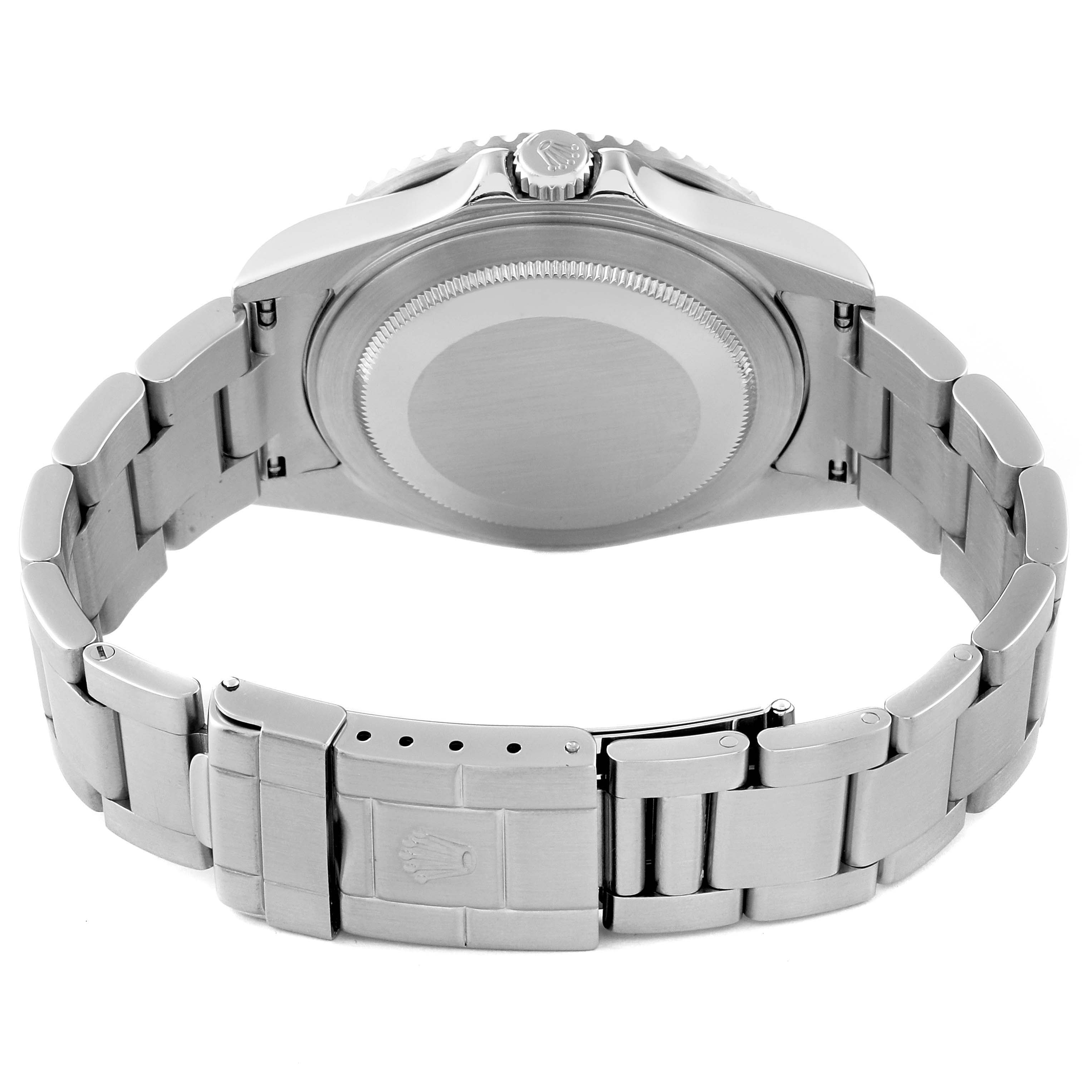 This image shows the back case, crown, and bracelet of the Rolex GMT-Master 16710 Men's Stainless Steel Black Dial 16710 Men's Stainless Steel Black Dial watch.