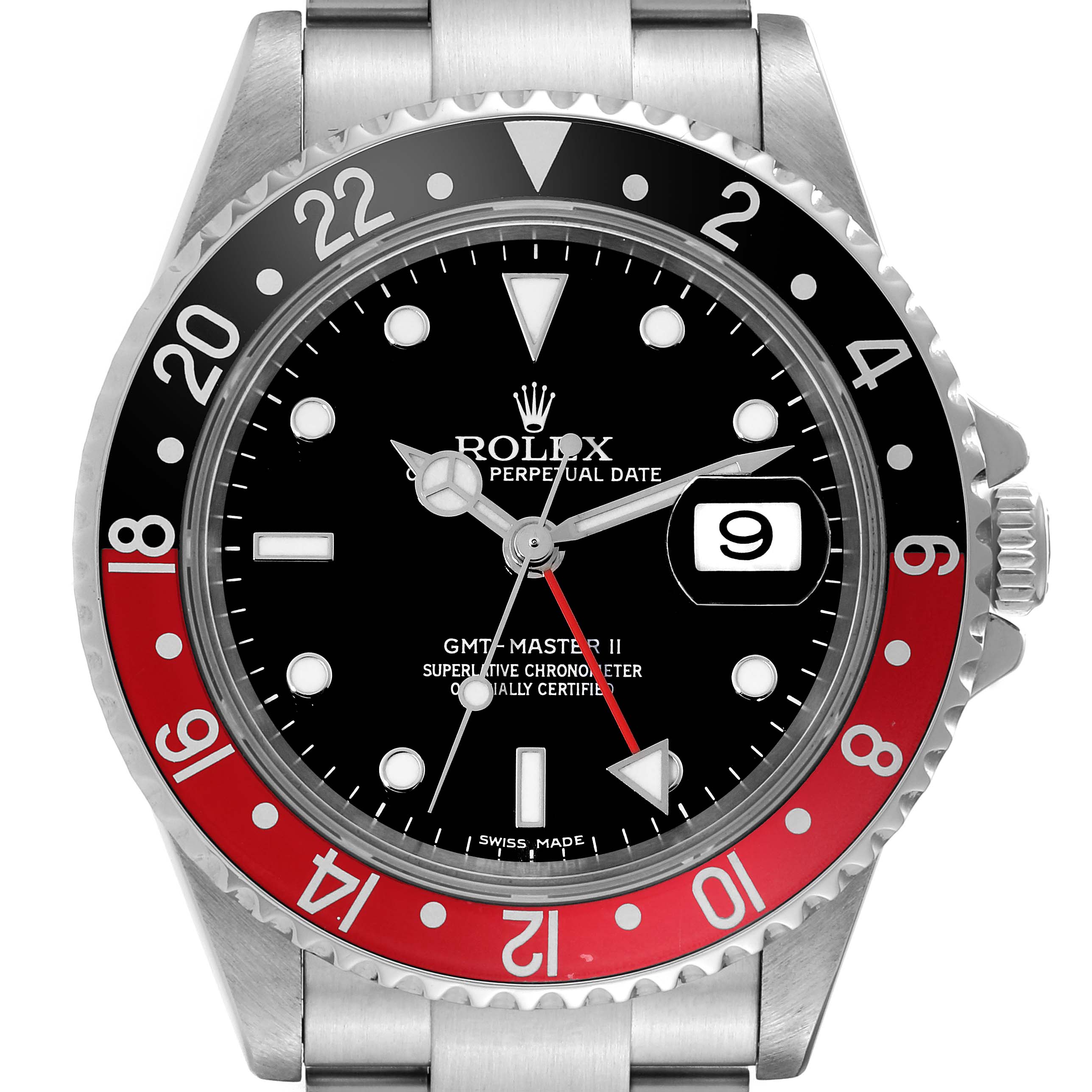 This image shows a front view of a Rolex GMT-Master 16710 Men's Stainless Steel Black Dial 16710 Men's Stainless Steel Black Dial II watch, highlighting the dial, bezel, and part of the stainless steel bracelet.