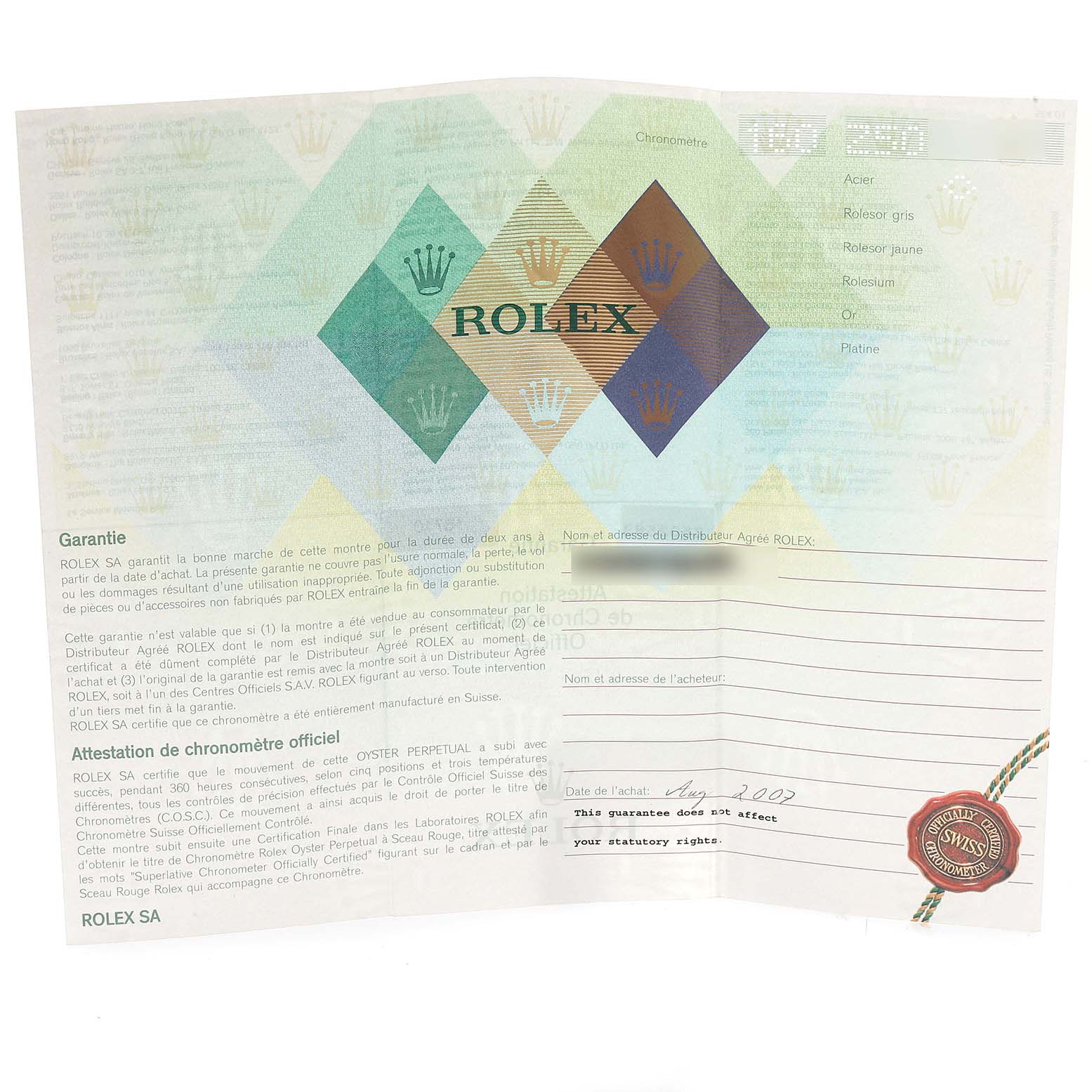 The image shows the warranty and certification document for a Rolex GMT-Master 16710 Men's Stainless Steel Black Dial 16710 Men's Stainless Steel Black Dial watch.