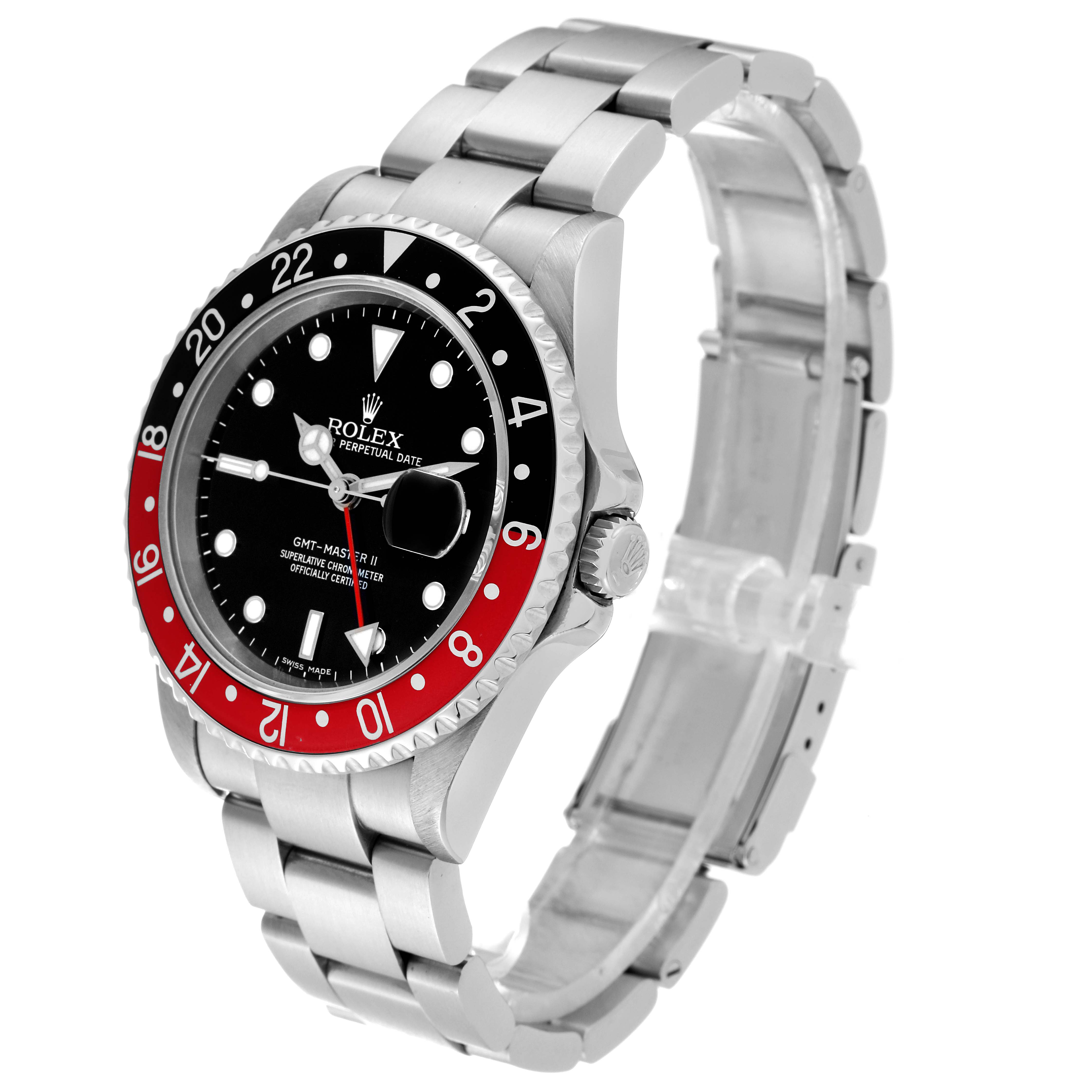 This image shows a Rolex GMT-Master 16710 Men's Stainless Steel Black Dial 16710 Men's Stainless Steel Black Dial watch at a three-quarter angle, displaying the dial, bezel, case, and bracelet.