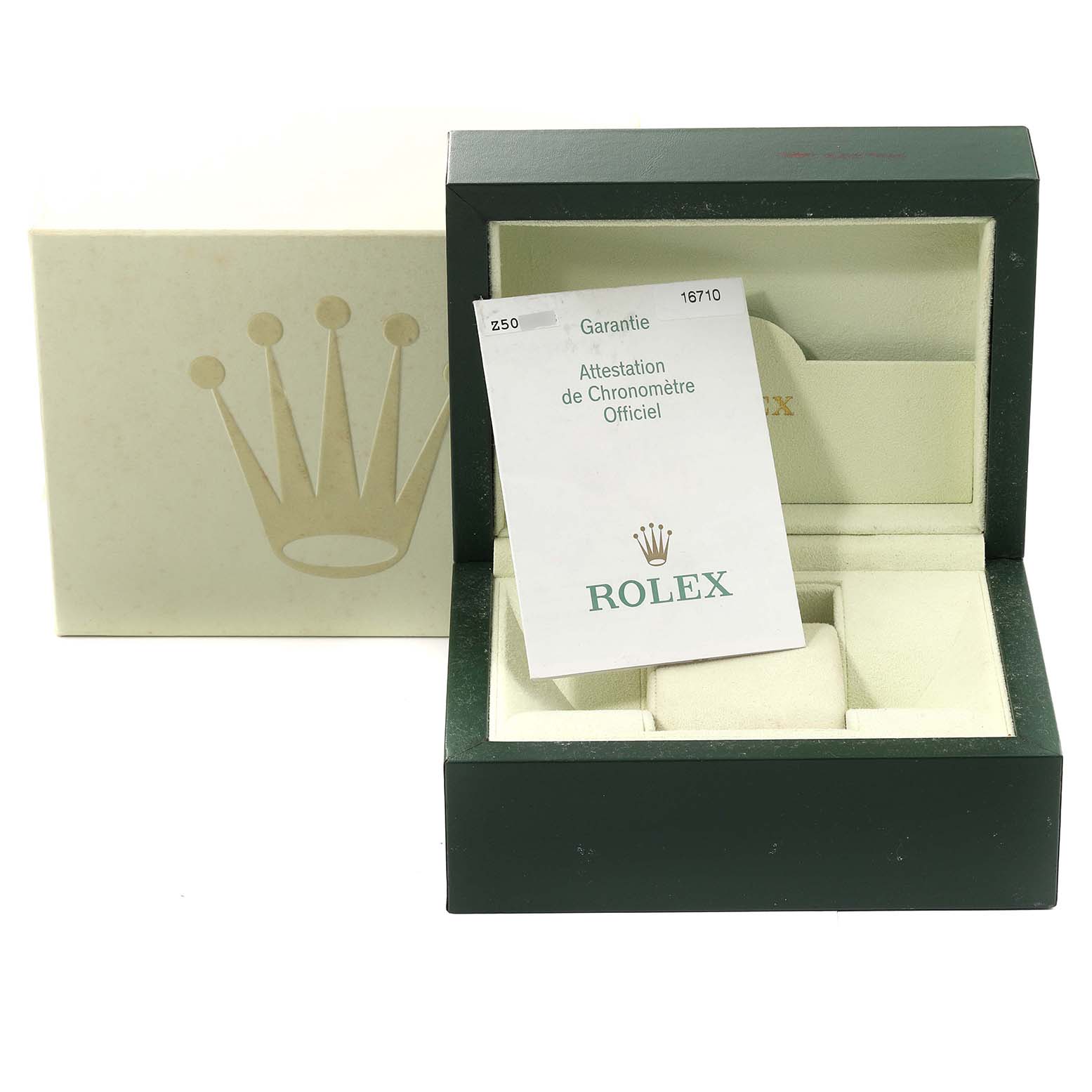 The image shows an open Rolex GMT-Master 16710 Men's Stainless Steel Black Dial 16710 Men's Stainless Steel Black Dial watch box, warranty card, and outer box at a straight-on angle.