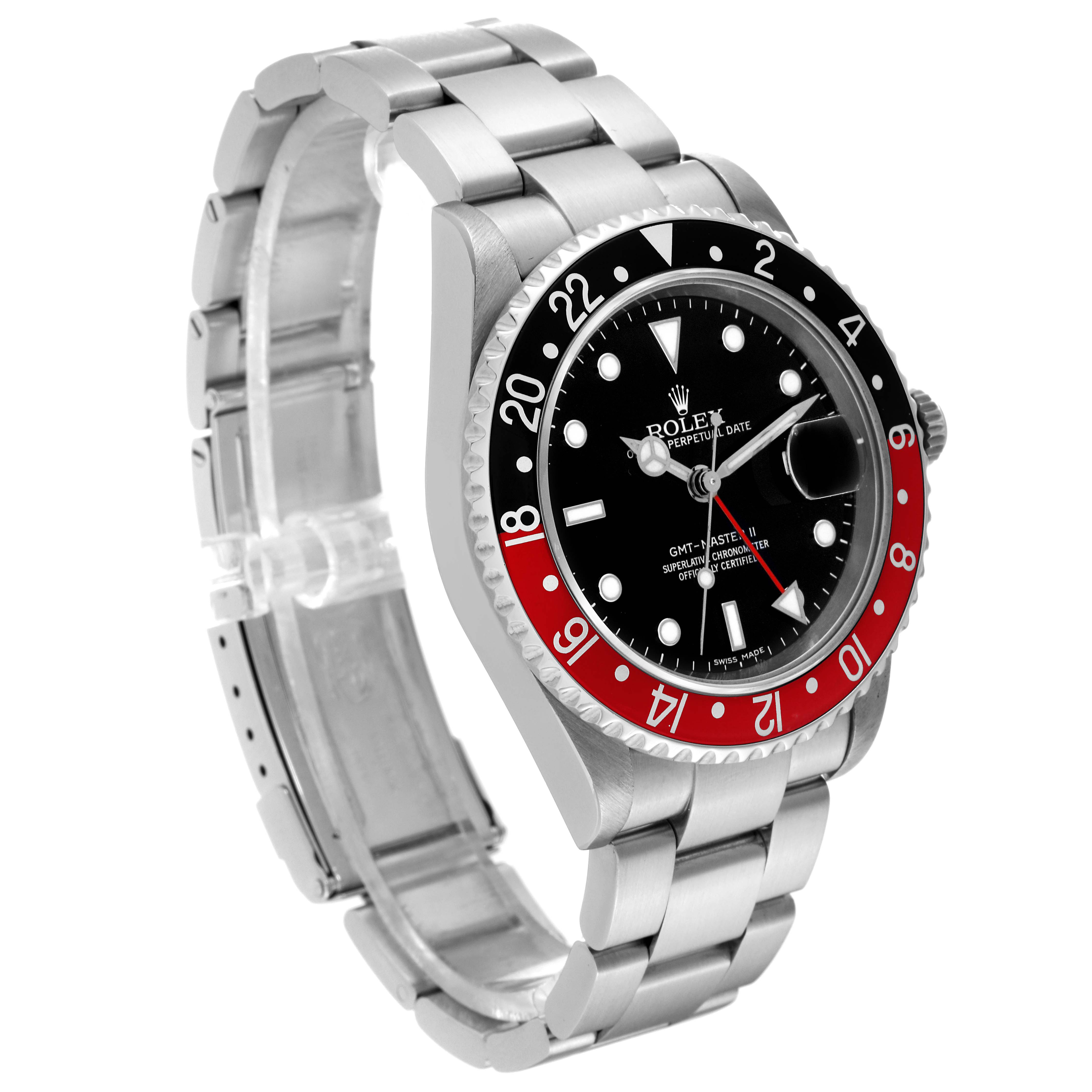The Rolex GMT-Master 16710 Men's Stainless Steel Black Dial 16710 Men's Stainless Steel Black Dial watch is shown at a front-left angle, highlighting its bezel, face, and stainless steel bracelet.